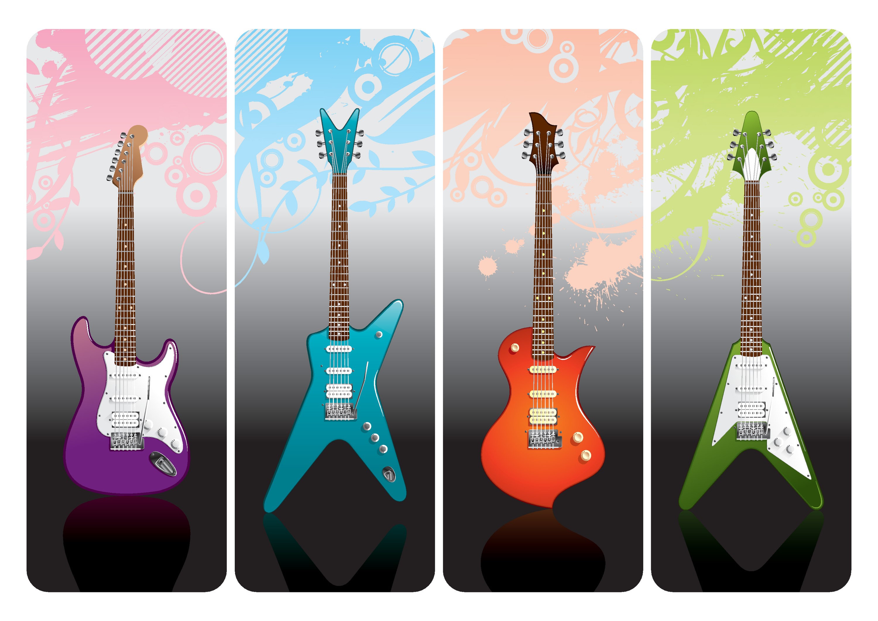 Four electric guitars with abstract backgrounds HD Wallpaper