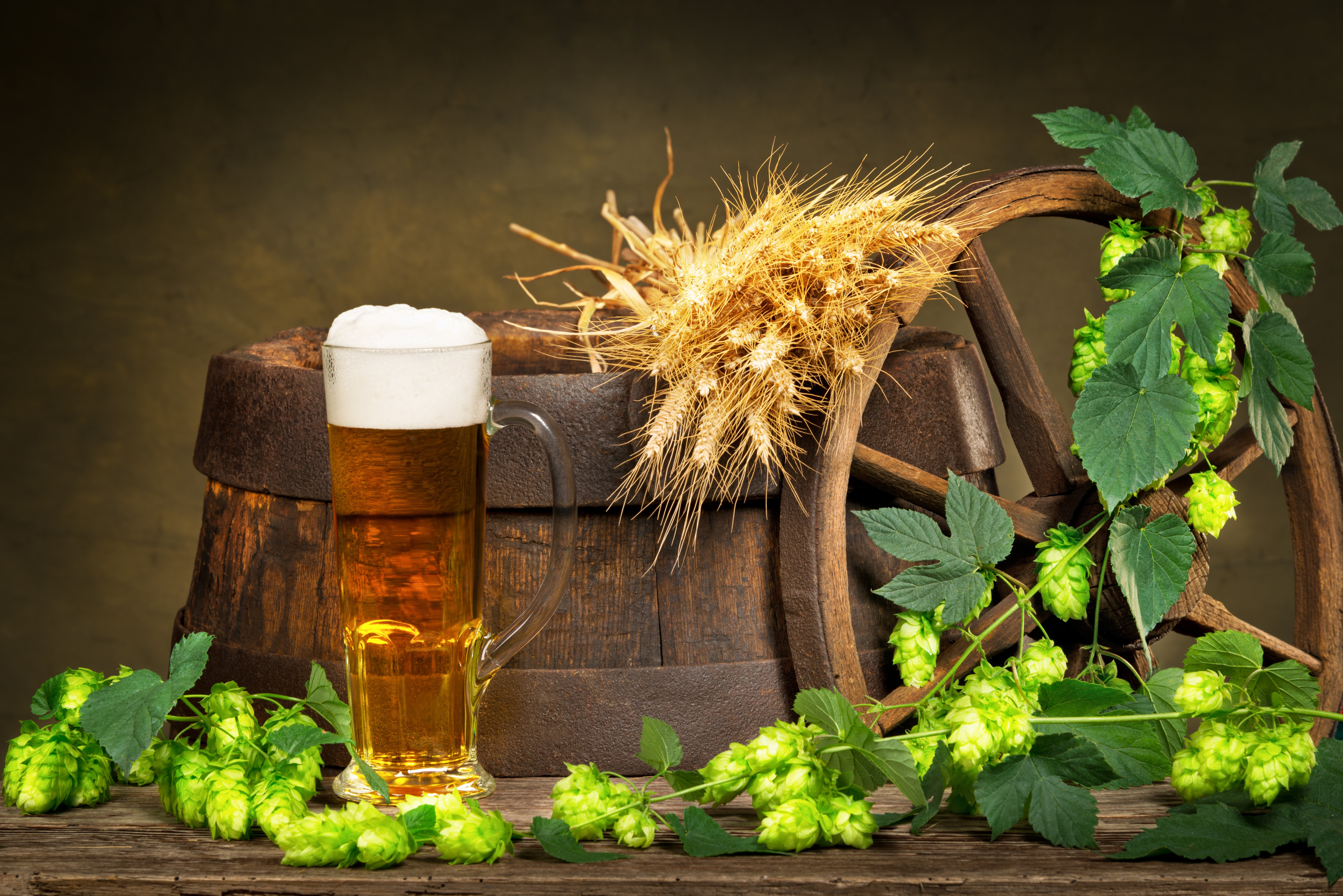 Beer mug with hops and wheat on a barrel HD Wallpaper
