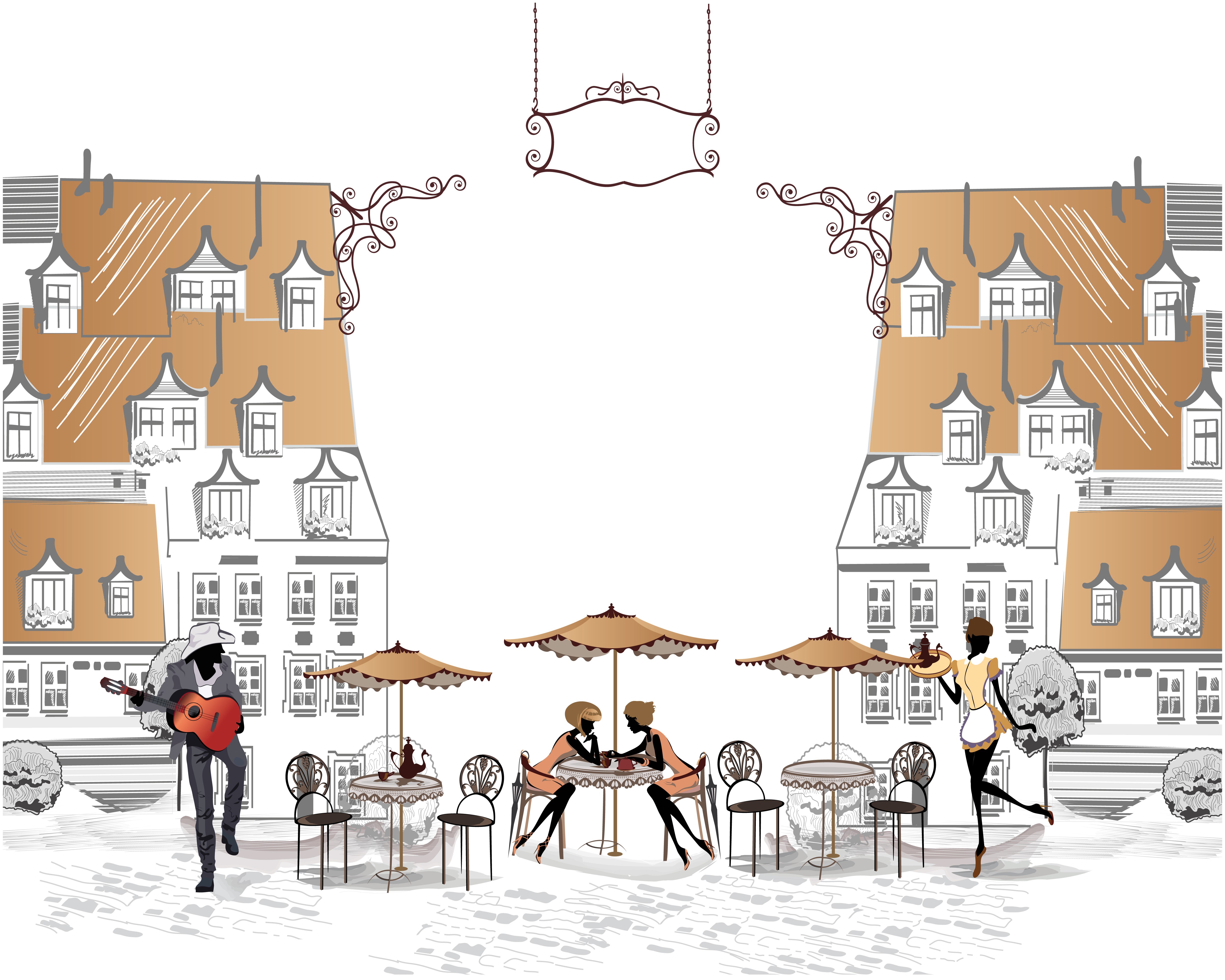 People at an outdoor cafe with a guitarist HD Wallpaper