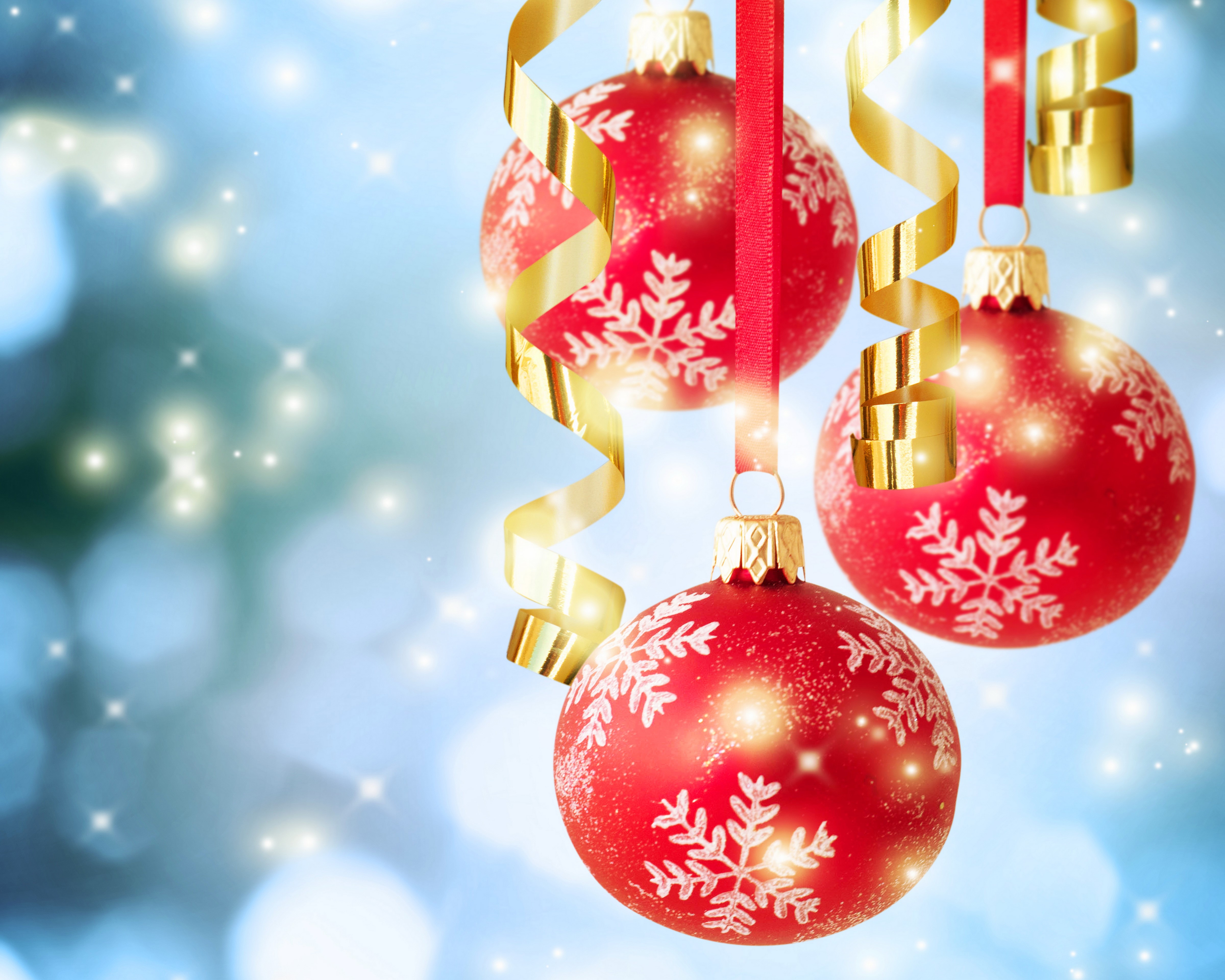 Christmas Balls with Snowflakes and Ribbons HD Wallpaper