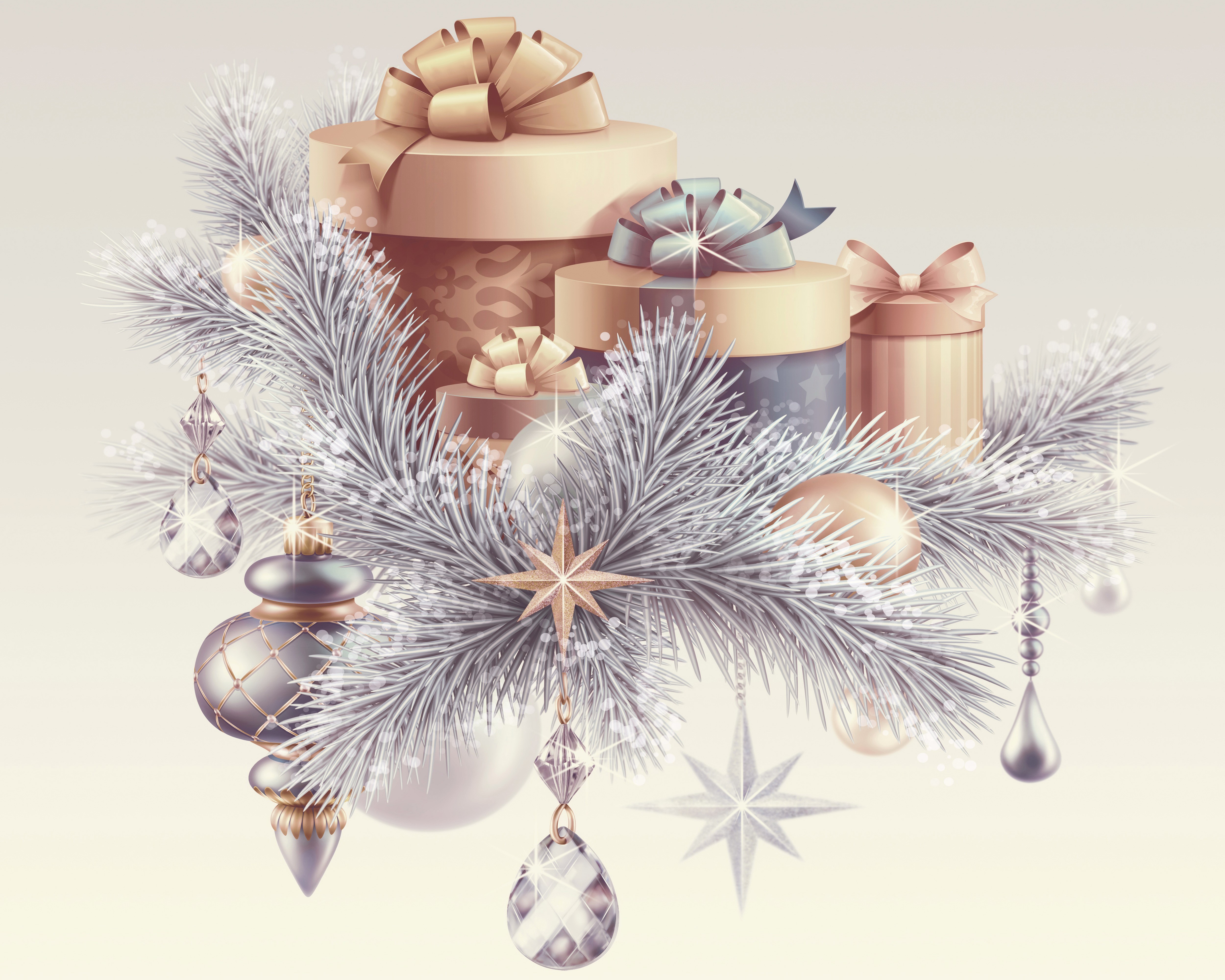 Christmas Gifts and Ornaments on Pine Branches HD Wallpaper