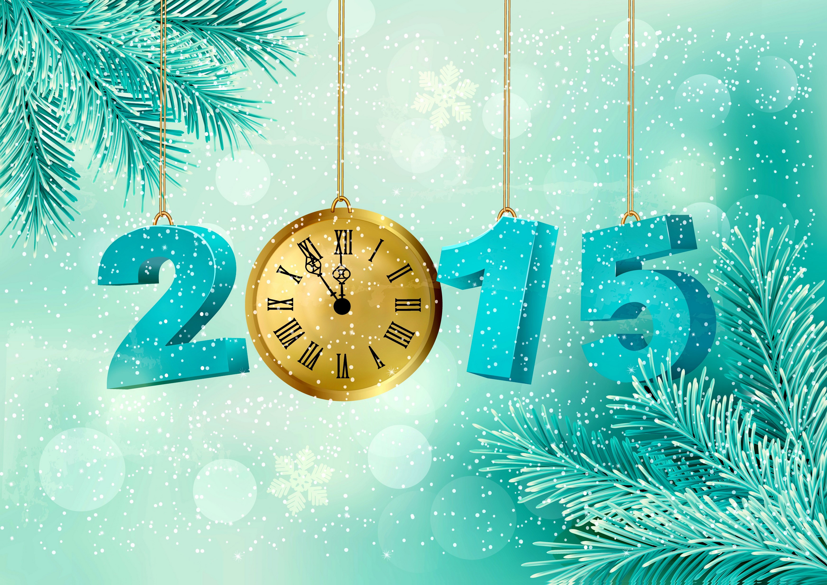 New Year 2015 with Clock and Pine Branches HD Wallpaper