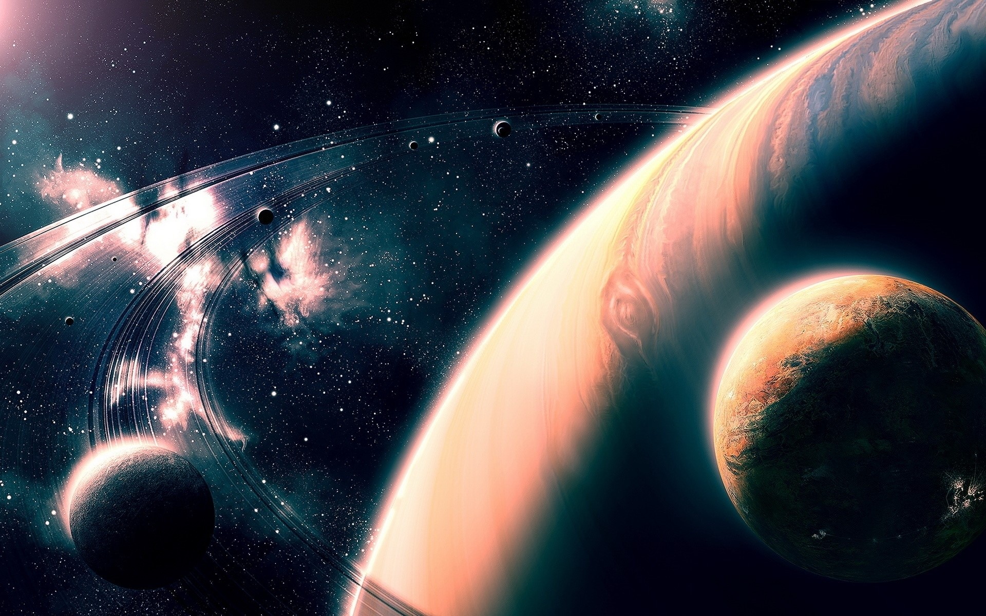 Planets and rings in outer space HD Wallpaper