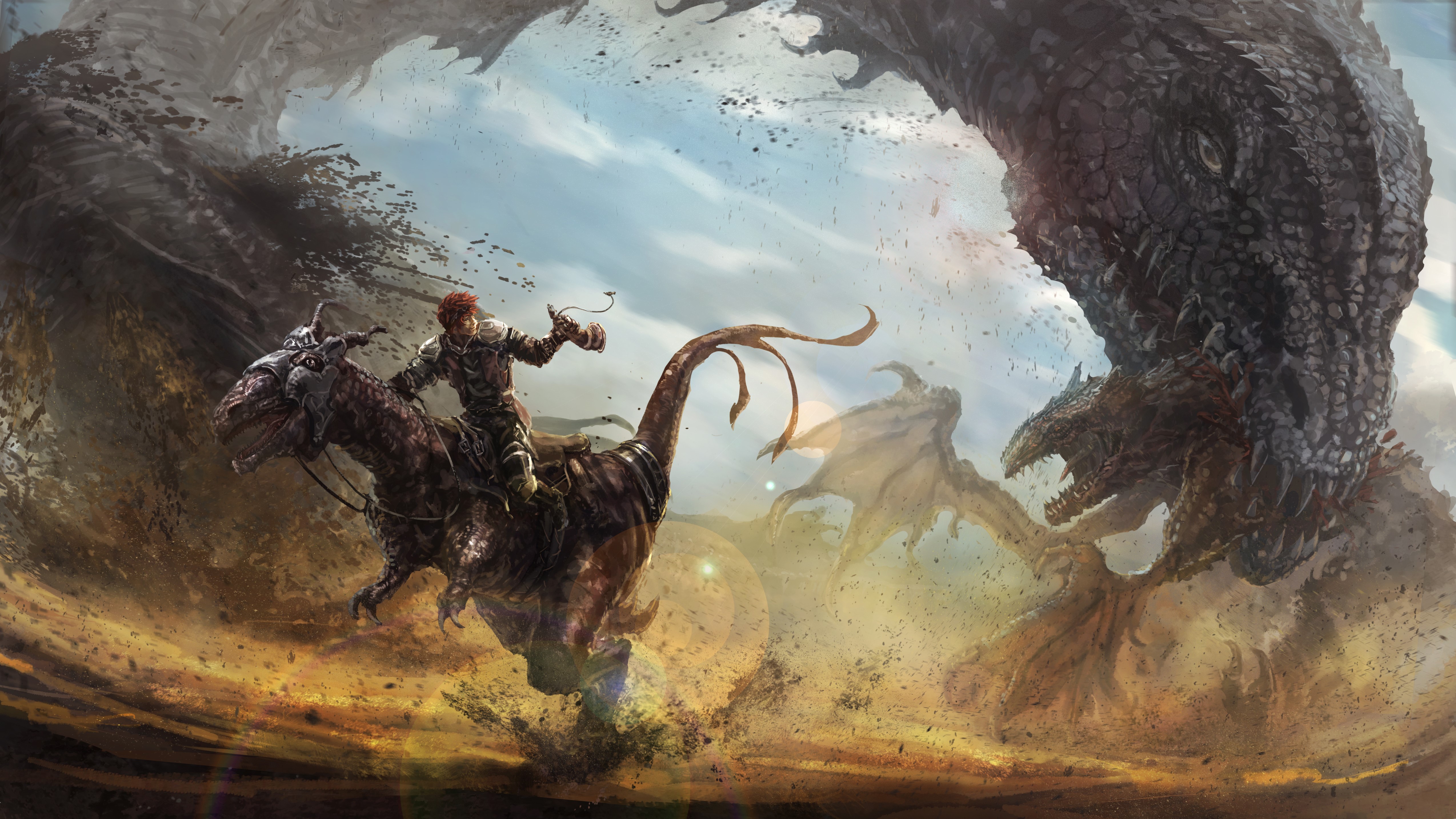 Warriors riding dinosaurs fighting dragons HD Wallpaper