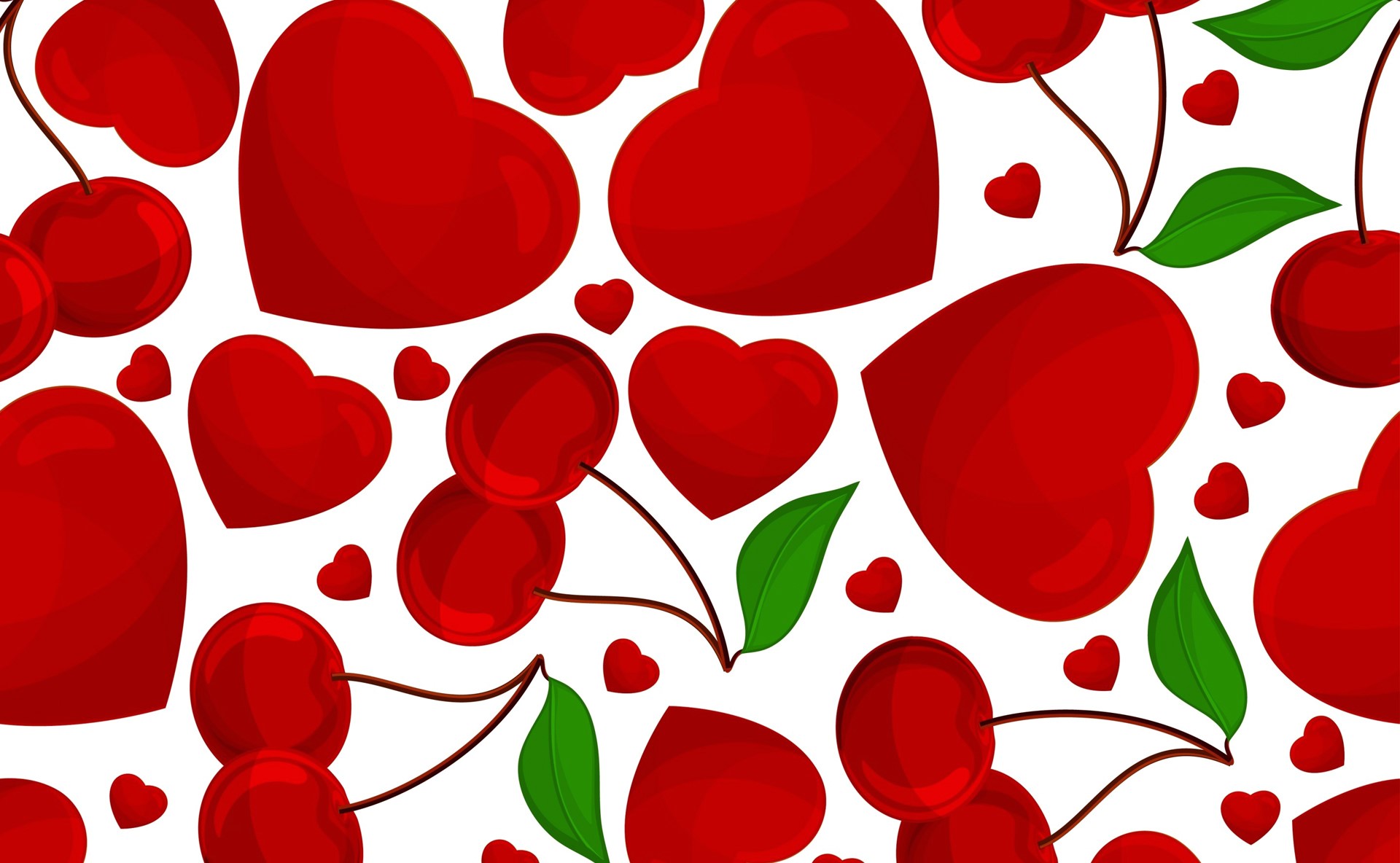 Red Hearts and Cherries Pattern HD Wallpaper