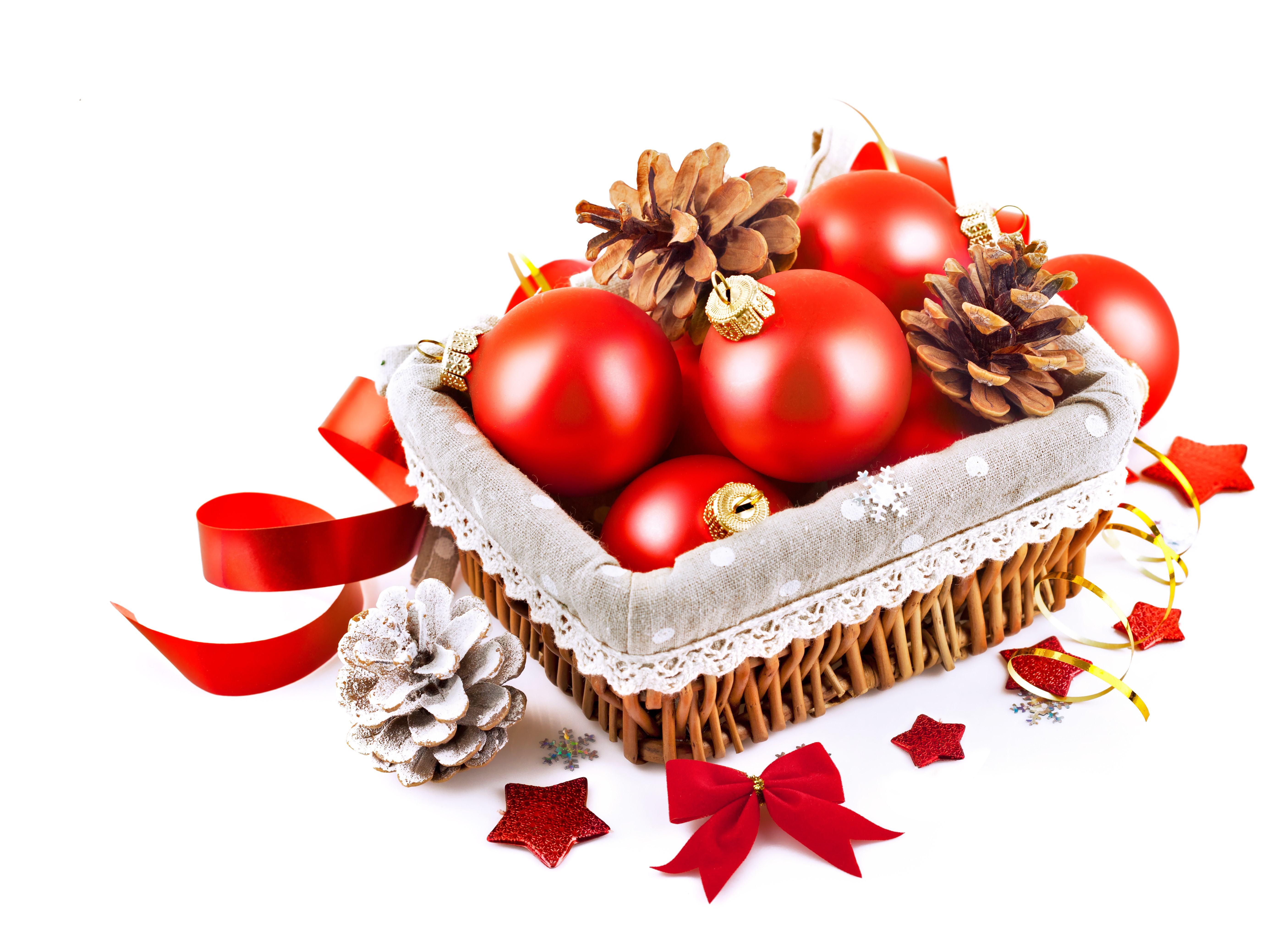 Christmas ornaments in a basket with pine cones and ribbon HD Wallpaper