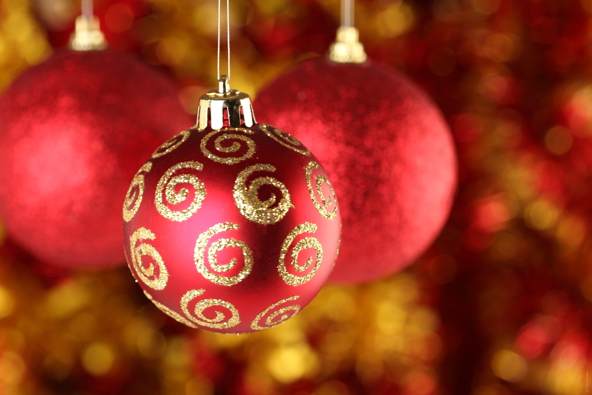 Red Christmas Ornaments with Gold Swirls HD Wallpaper