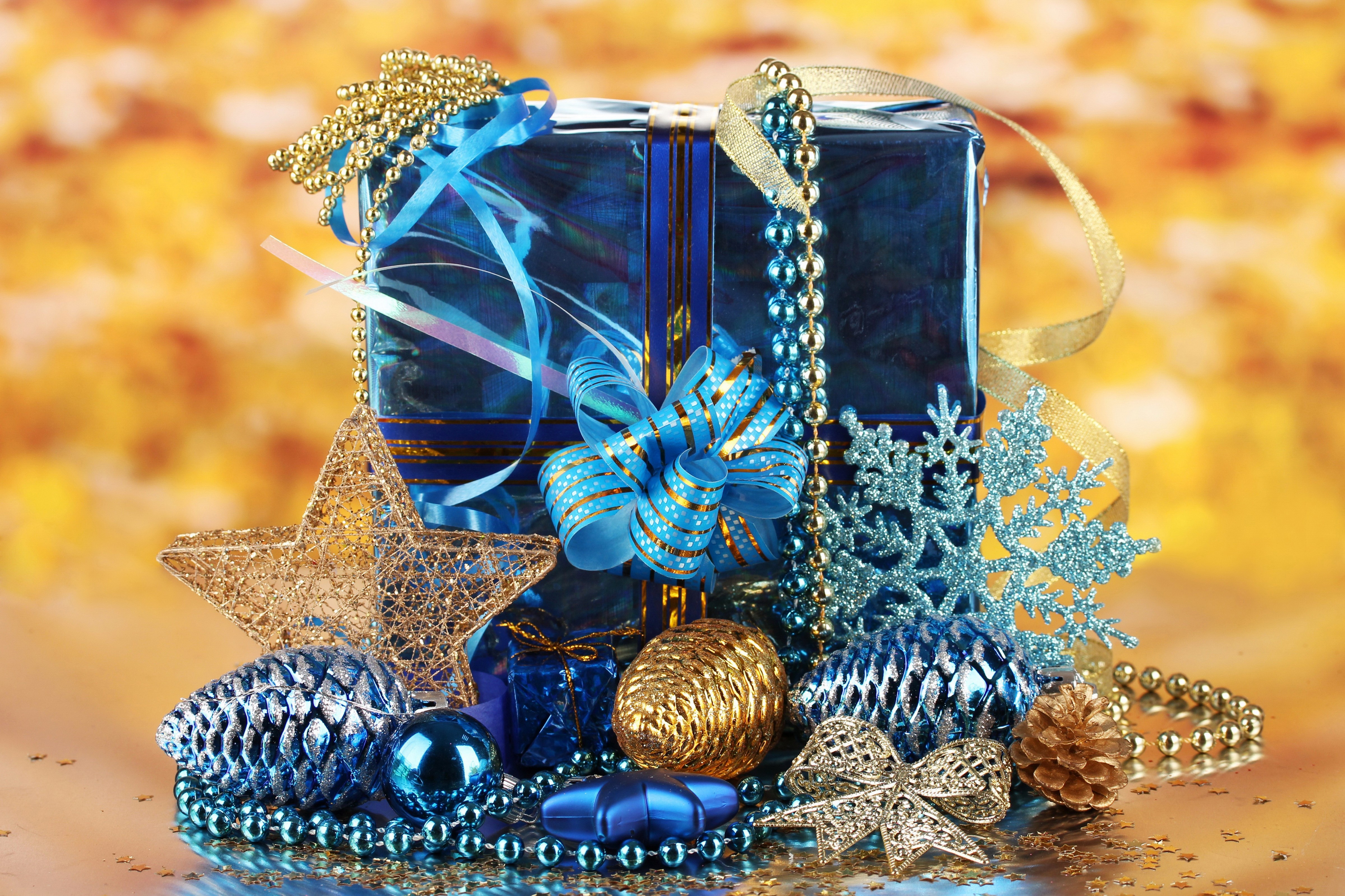 Christmas Gifts with Ornaments and Ribbons HD Wallpaper