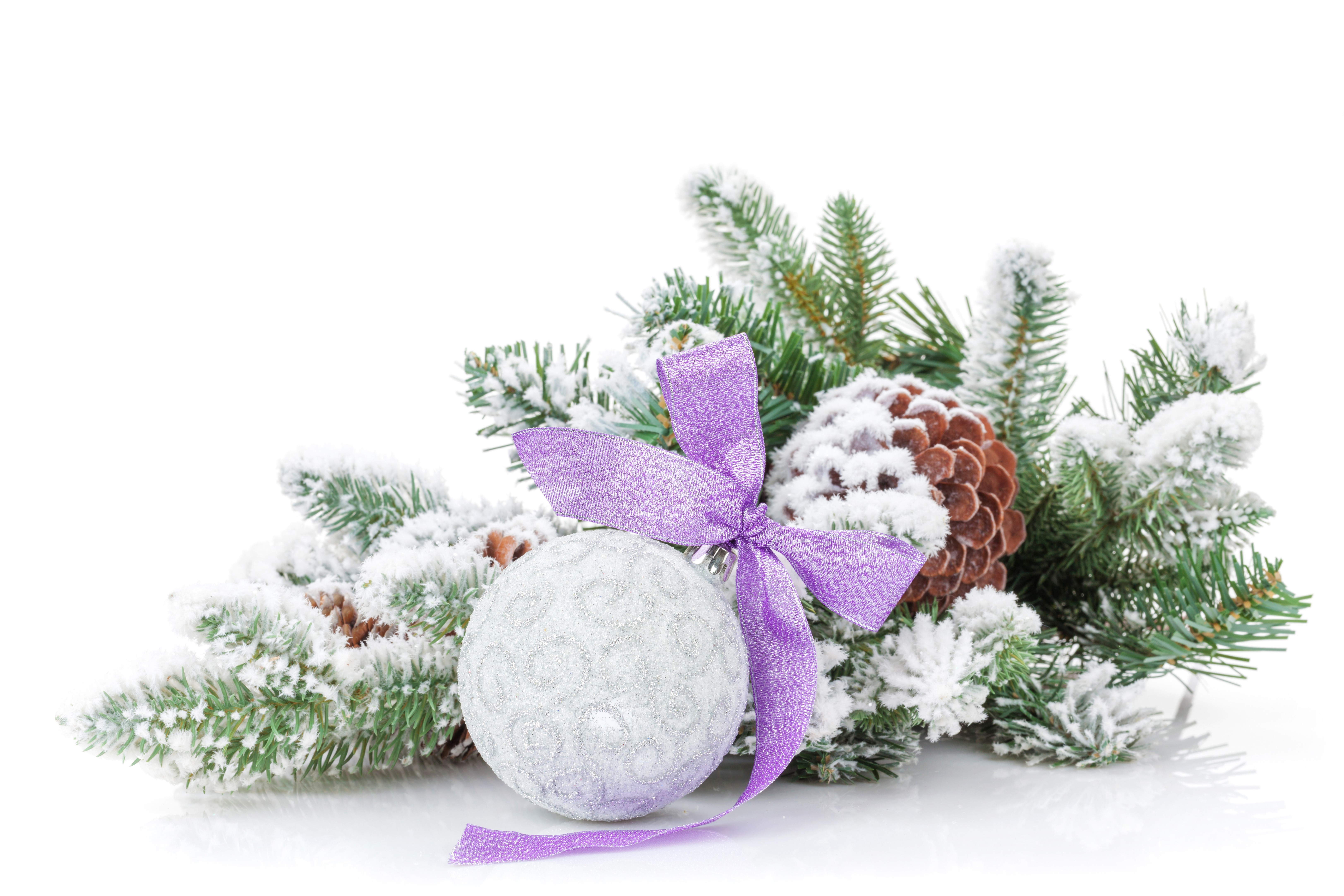 Christmas decoration with pine cones, branches, and a silver ball with a purple bow HD Wallpaper