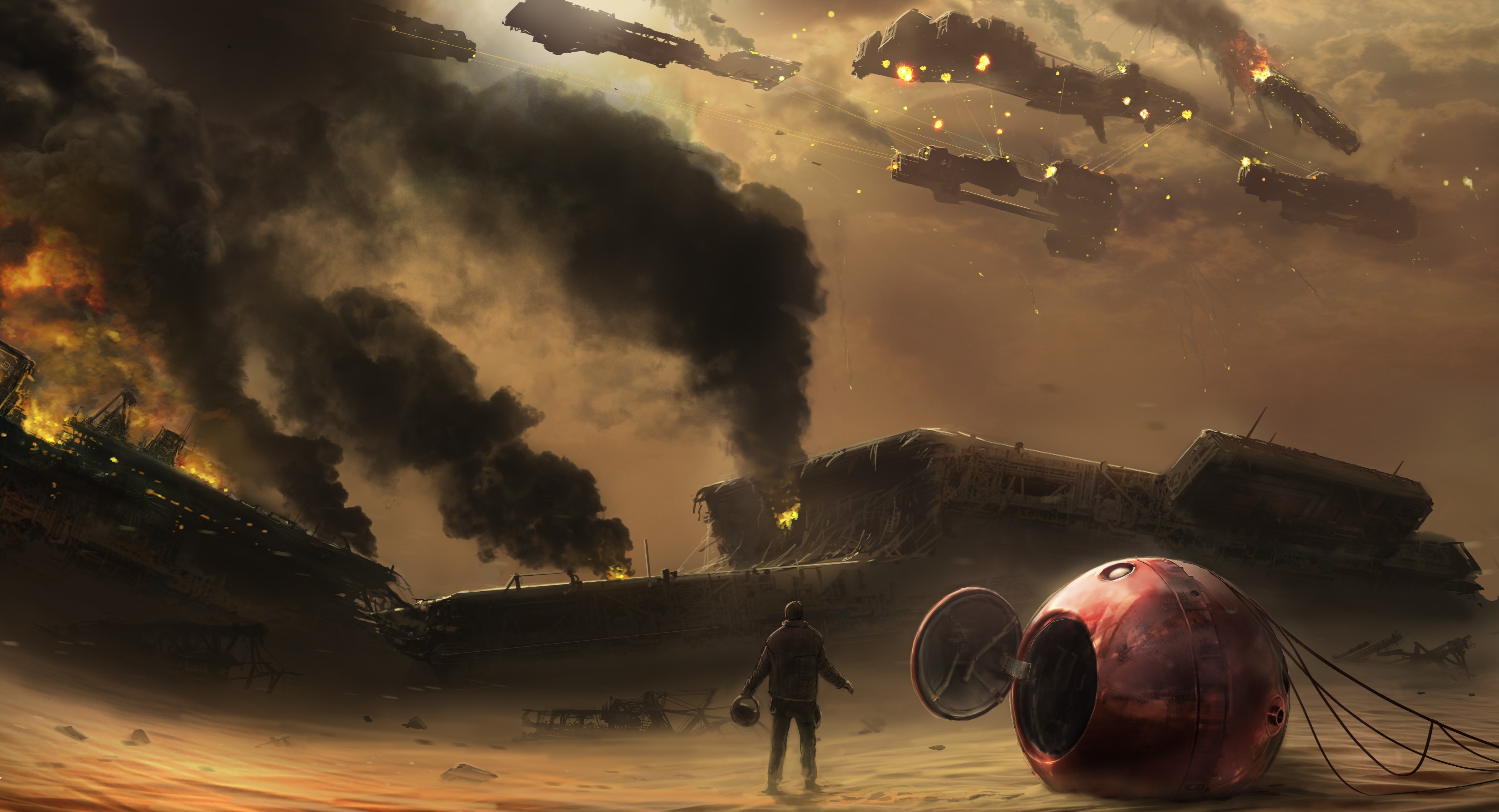 Fantasy Battle with Spaceships and Smoke HD Wallpaper