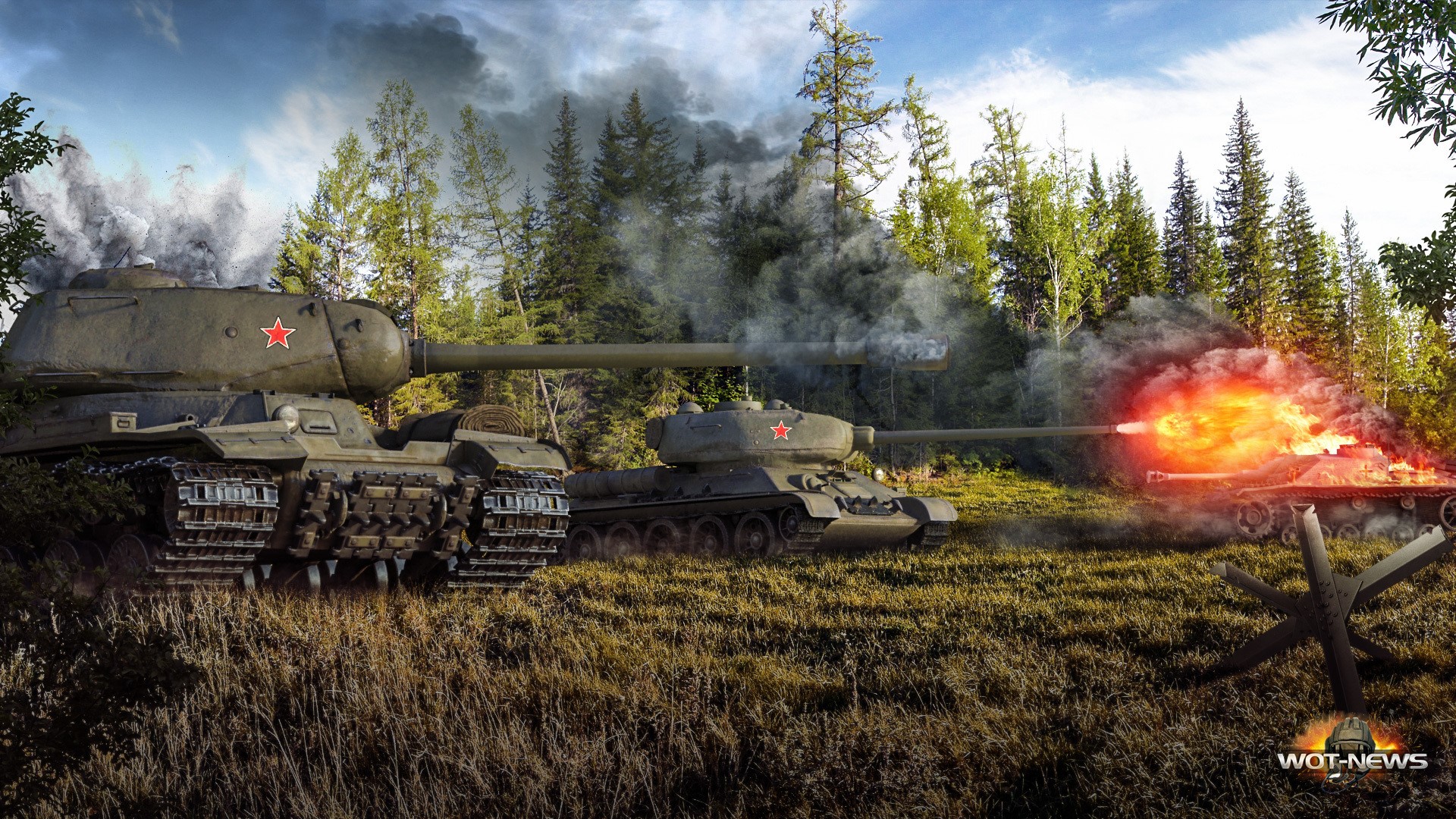 World of Tanks IS and T-34 tanks firing HD Wallpaper