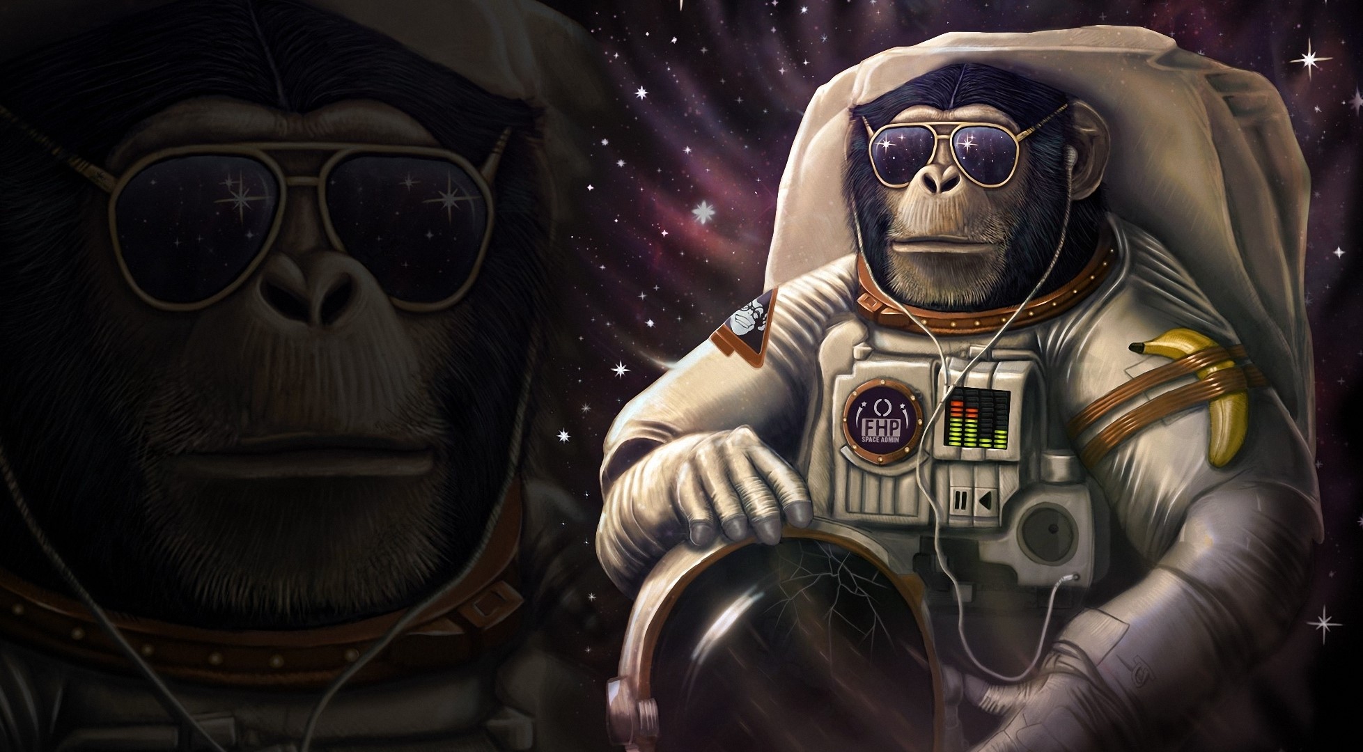 Chimpanzee astronaut wearing sunglasses and headphones in space HD Wallpaper