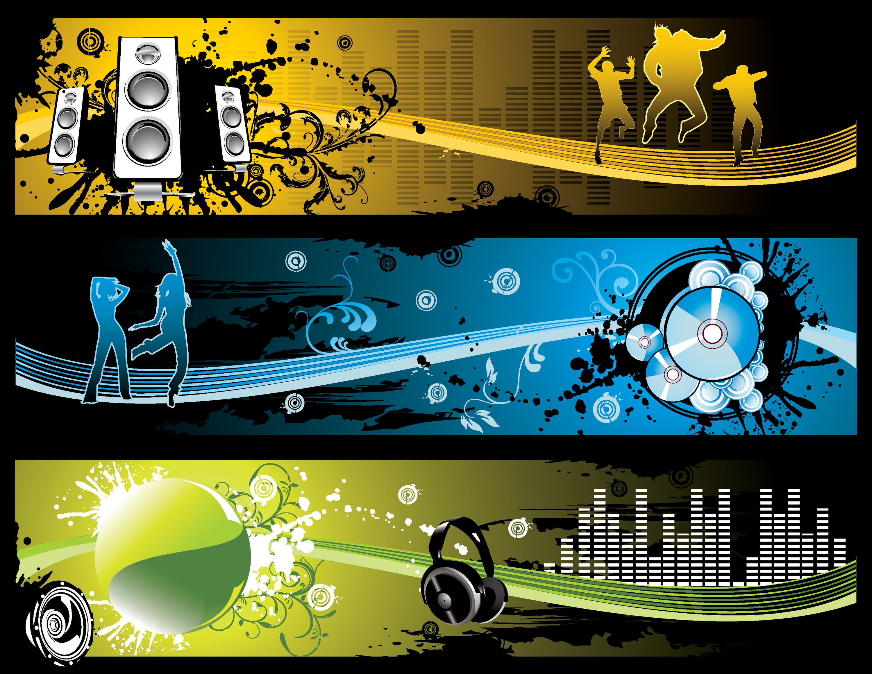 Music banners with speakers, dancers, CDs, and headphones HD Wallpaper