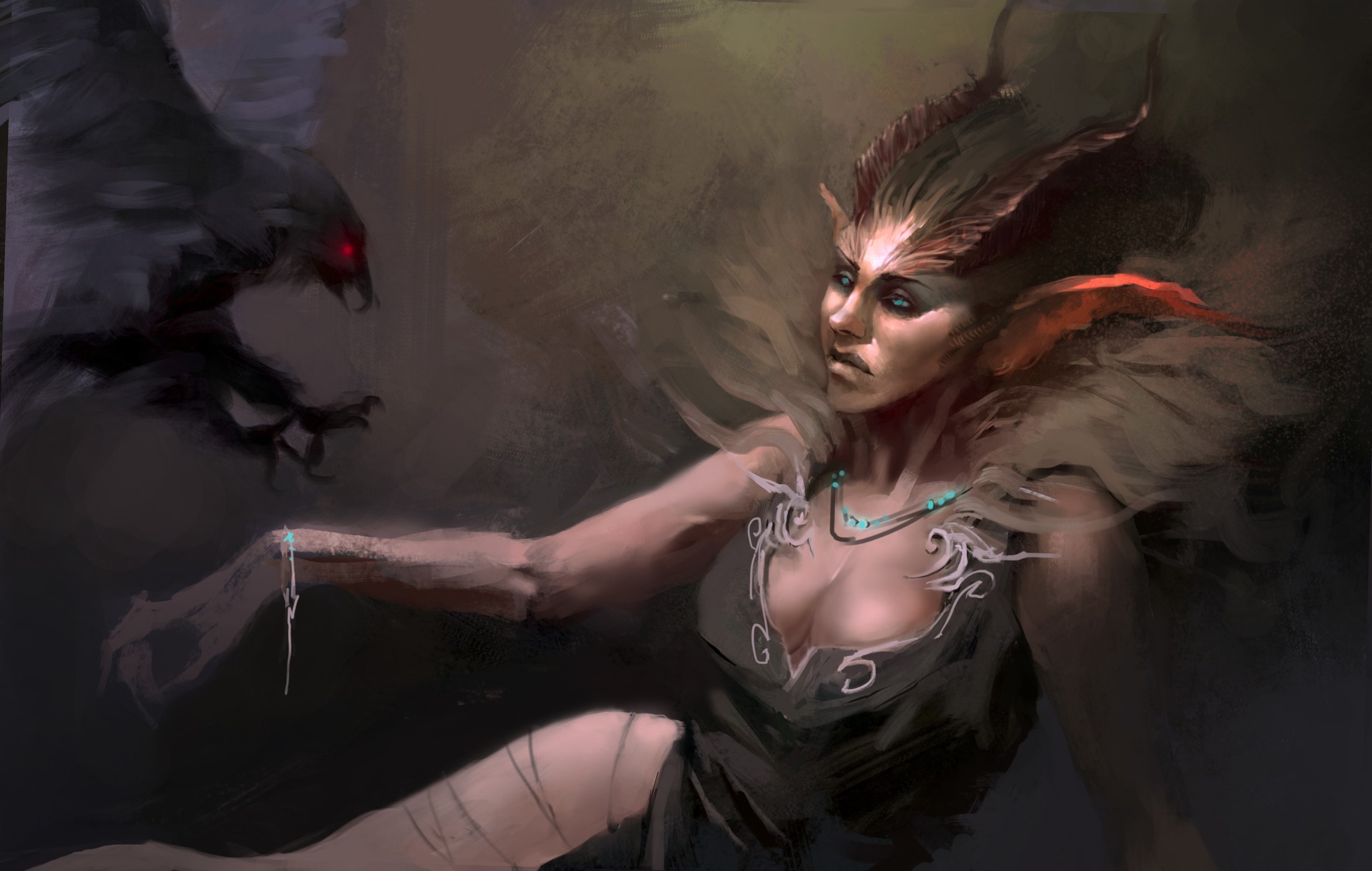 Gothic fantasy woman with horns and a crow HD Wallpaper