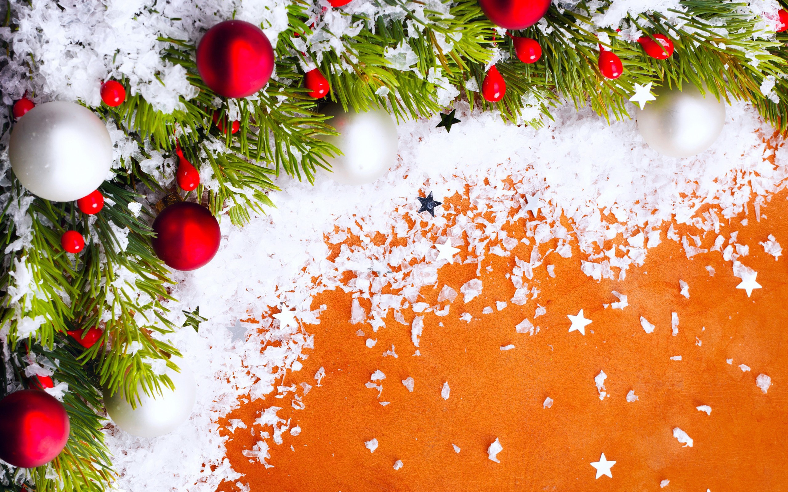 Christmas branches with ornaments and snow HD Wallpaper