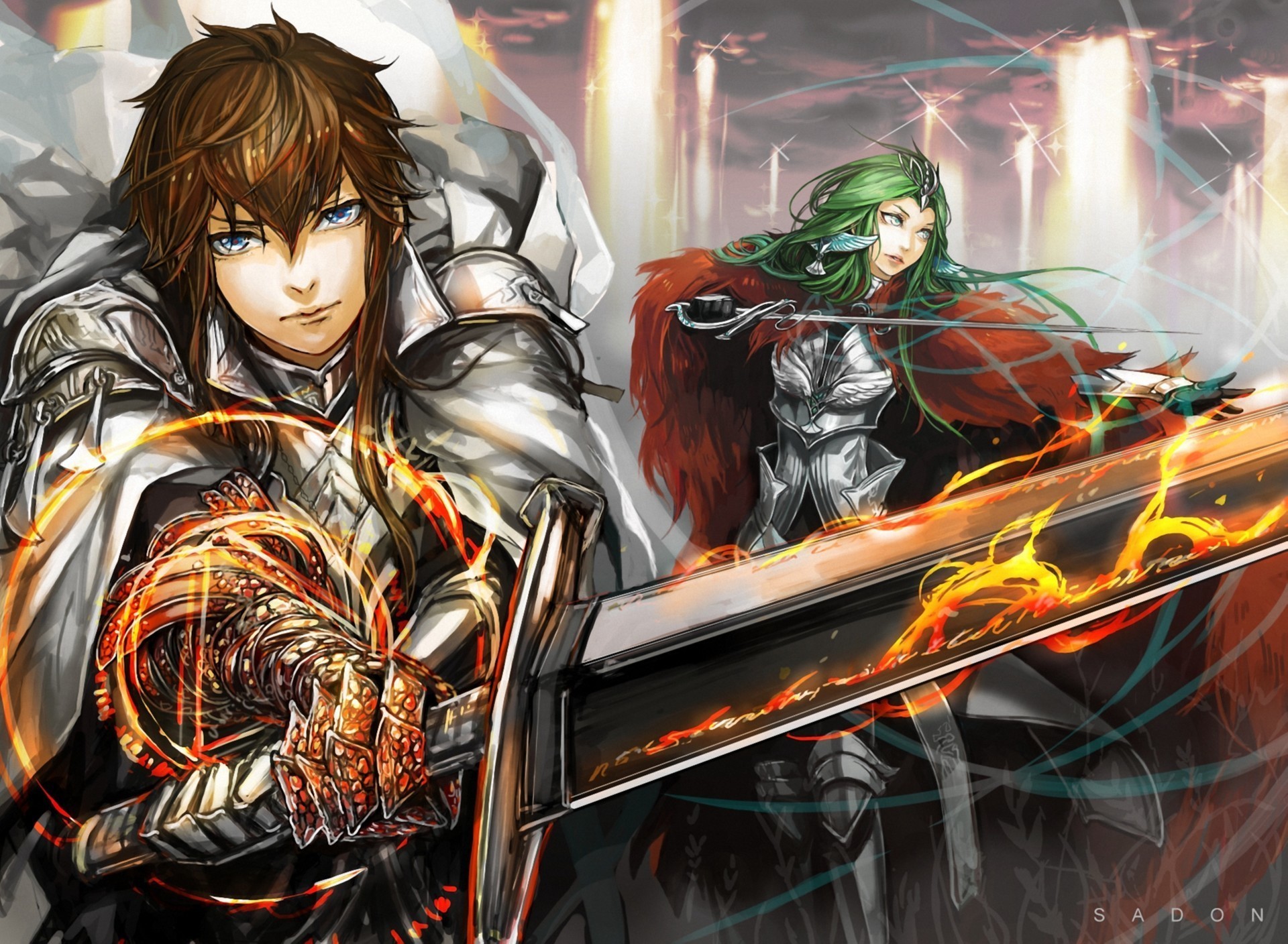 Two armored warriors with swords and magic HD Wallpaper