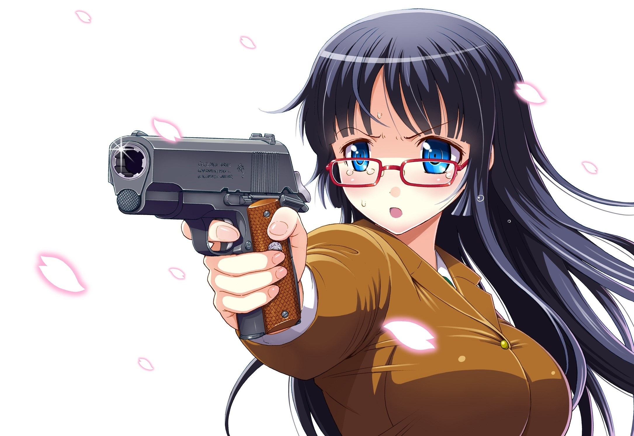 Anime girl with glasses holding a pistol HD Wallpaper