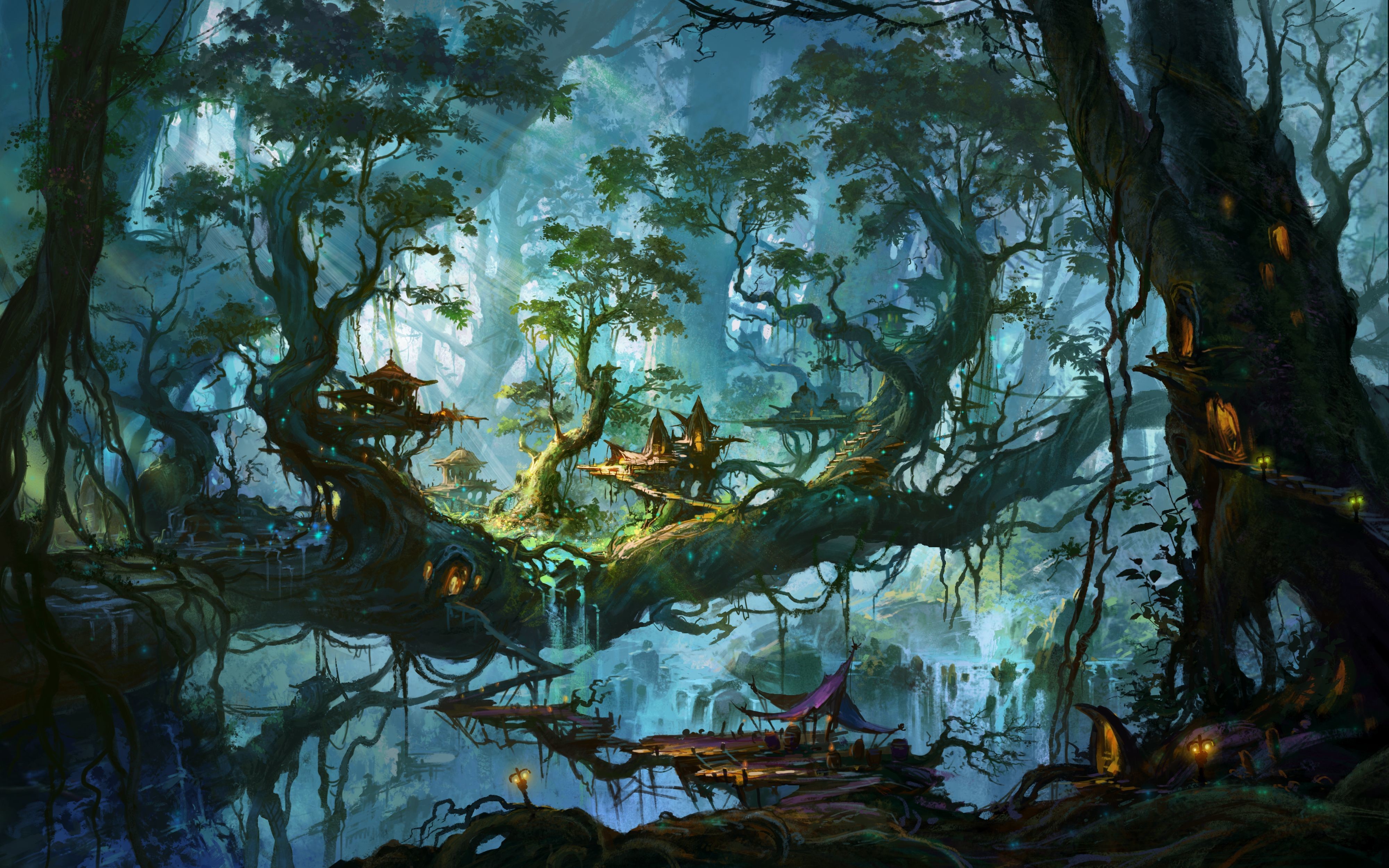 Fantastic world with trees and dwellings HD Wallpaper