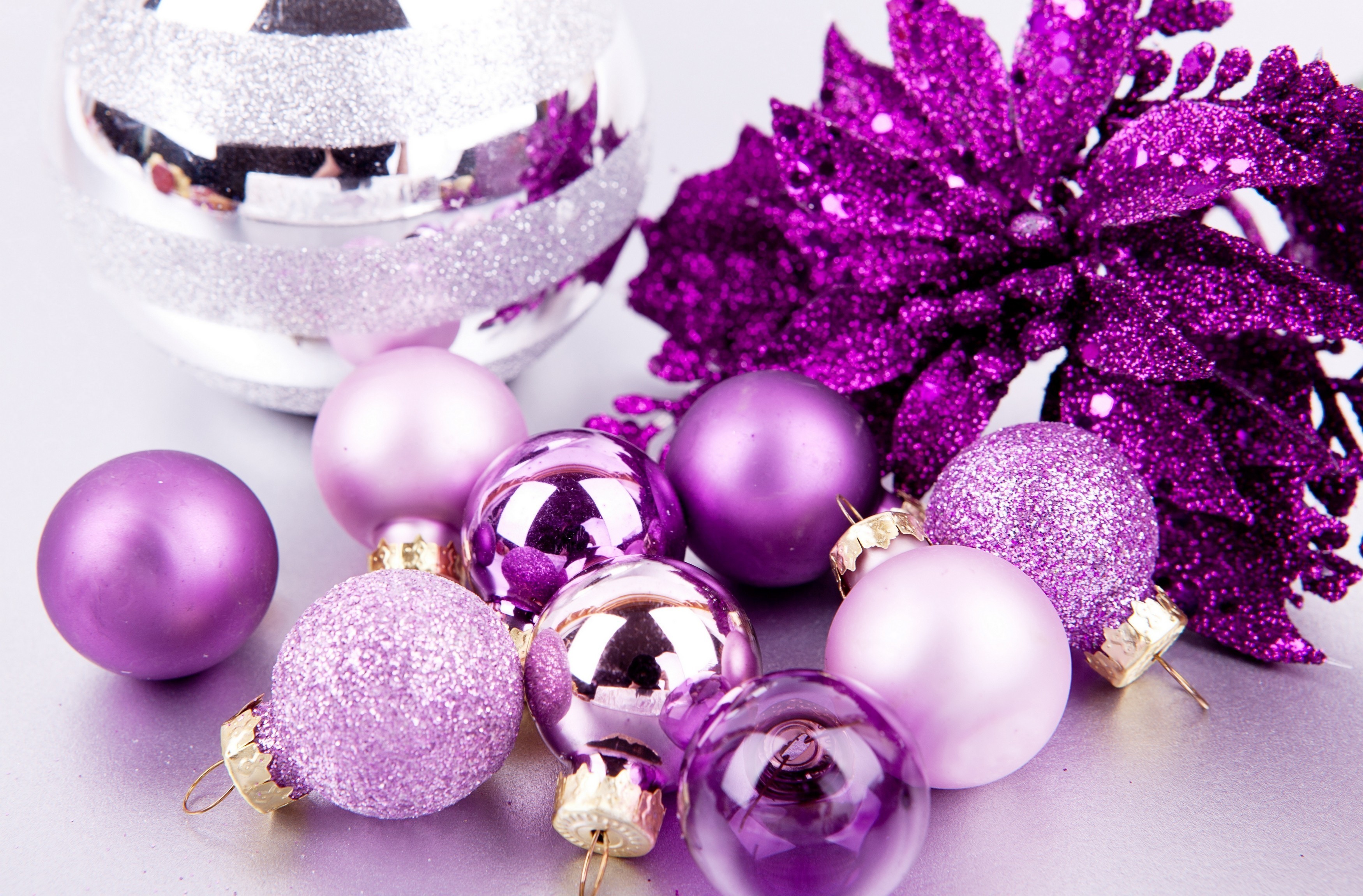 Purple and silver Christmas ornaments with glittery poinsettia HD Wallpaper