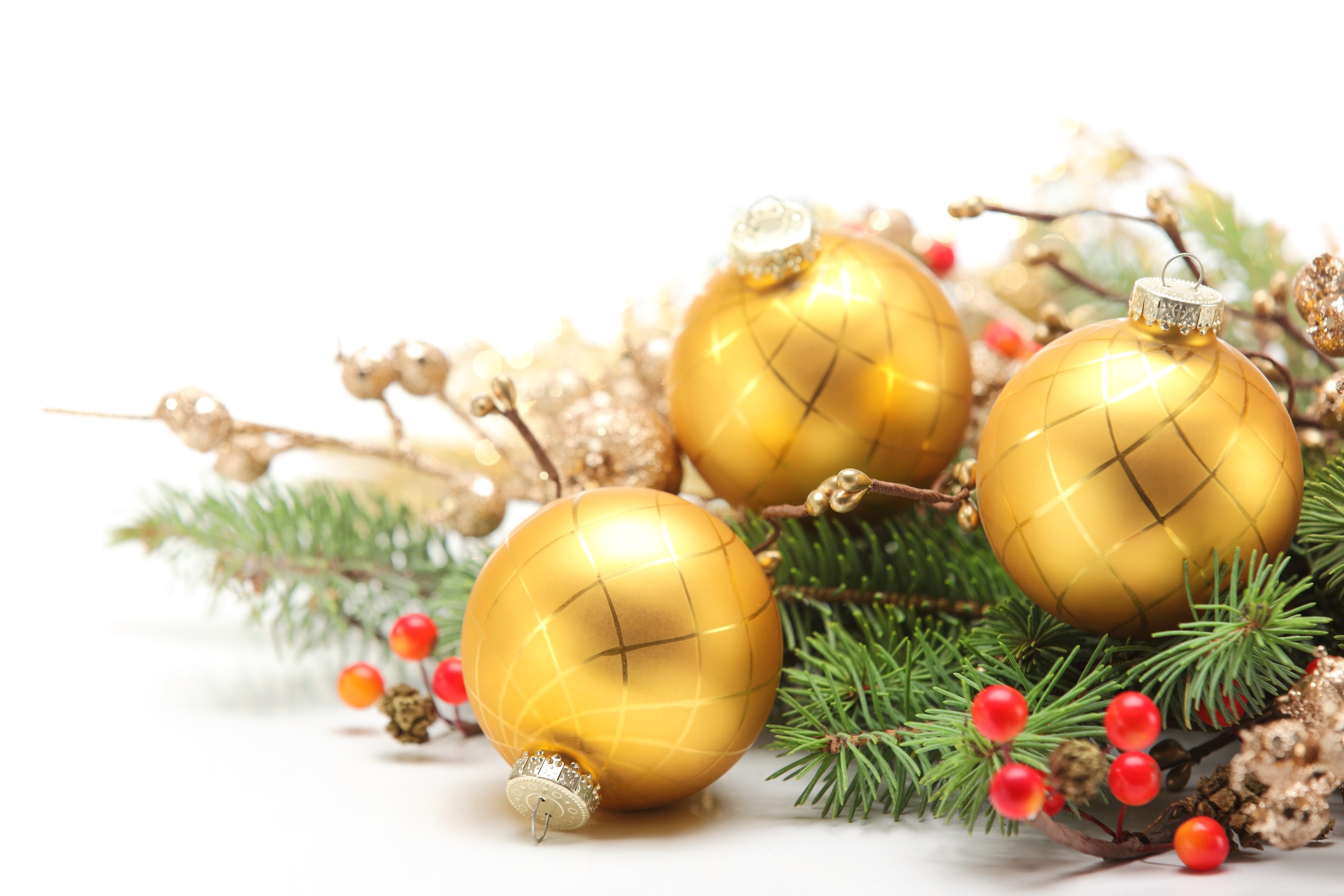 Christmas balls on branches with berries HD Wallpaper