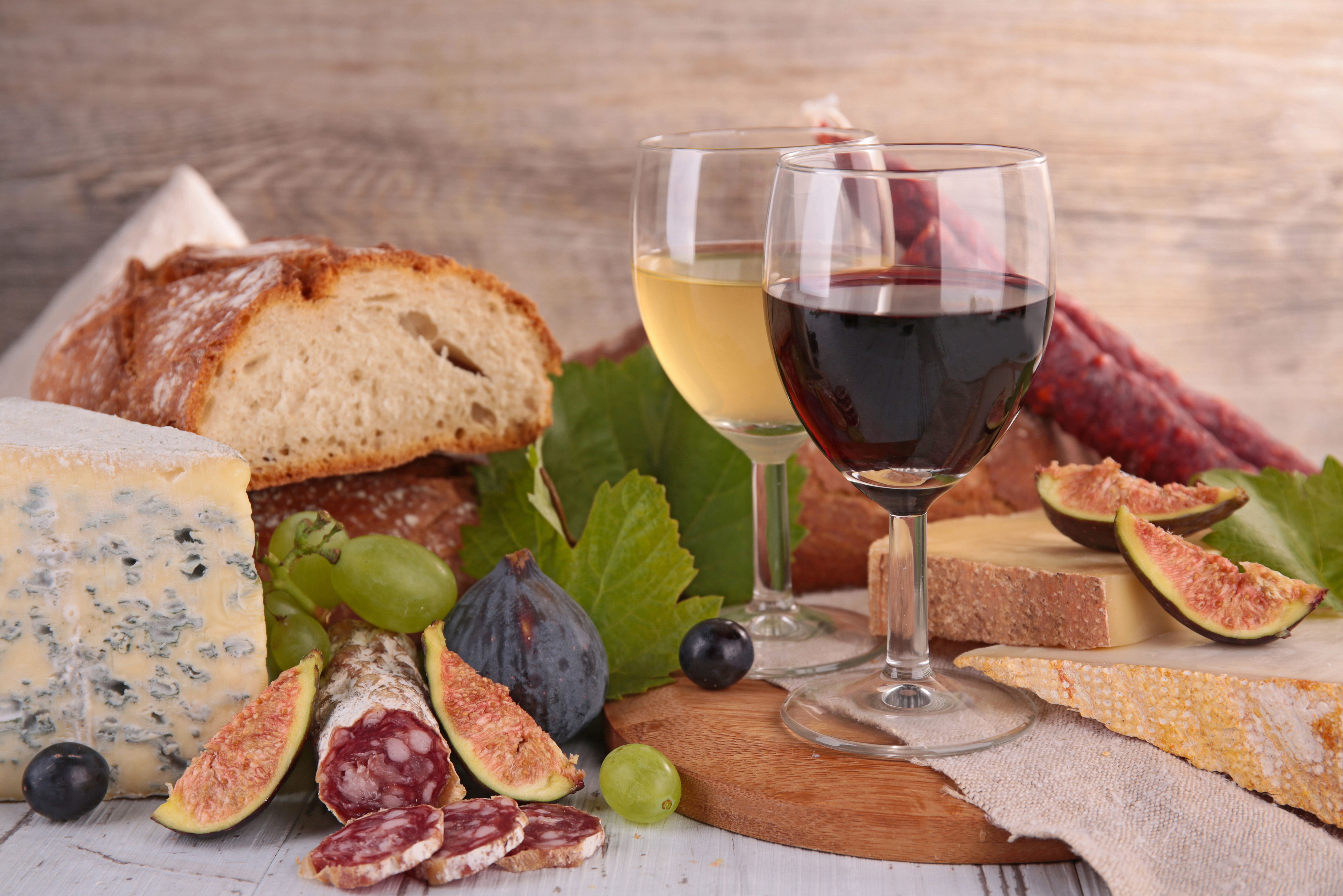 Still-life of wine, bread, cheese, and sausage HD Wallpaper