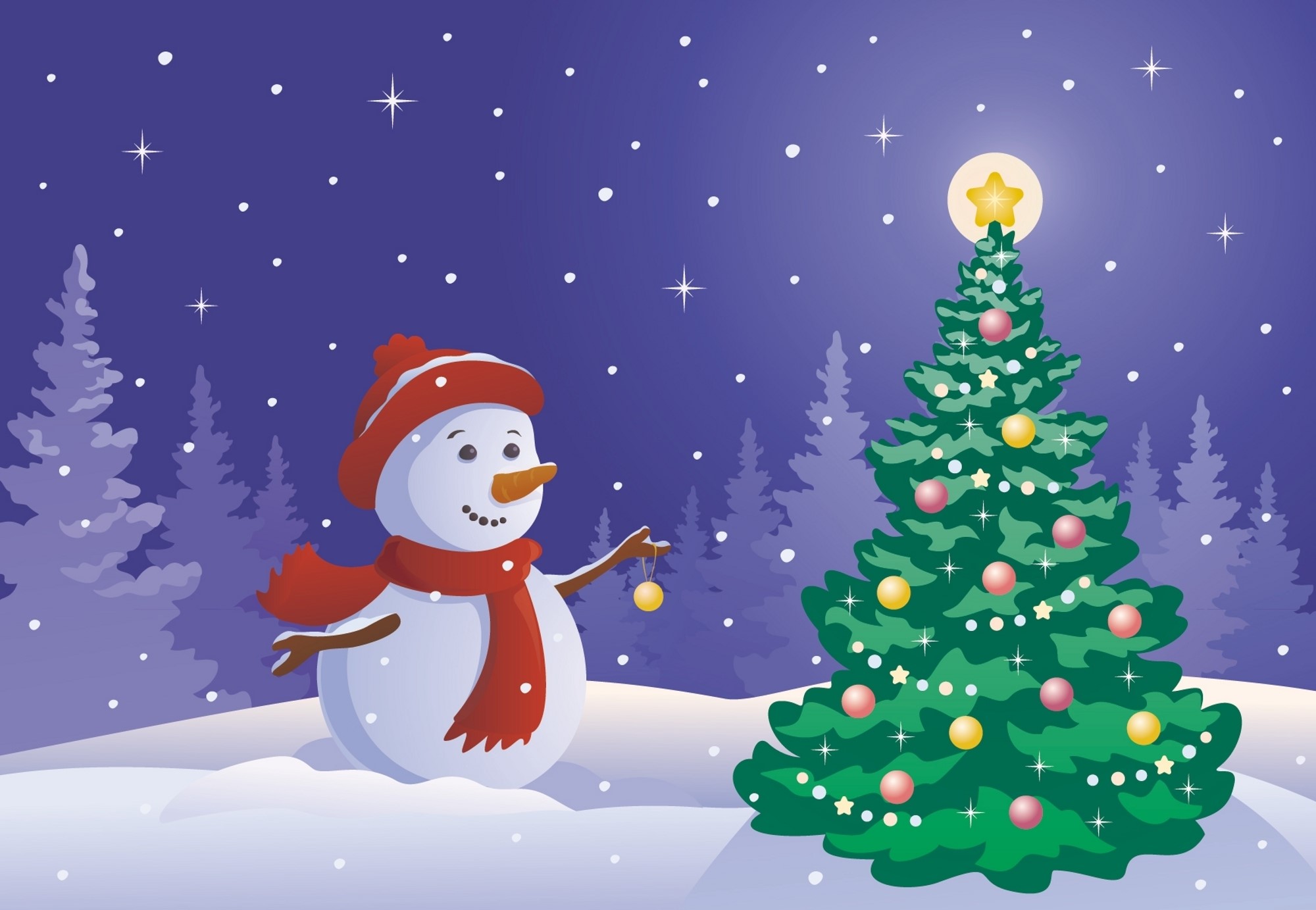 Snowman decorating a Christmas tree in a snowy forest HD Wallpaper
