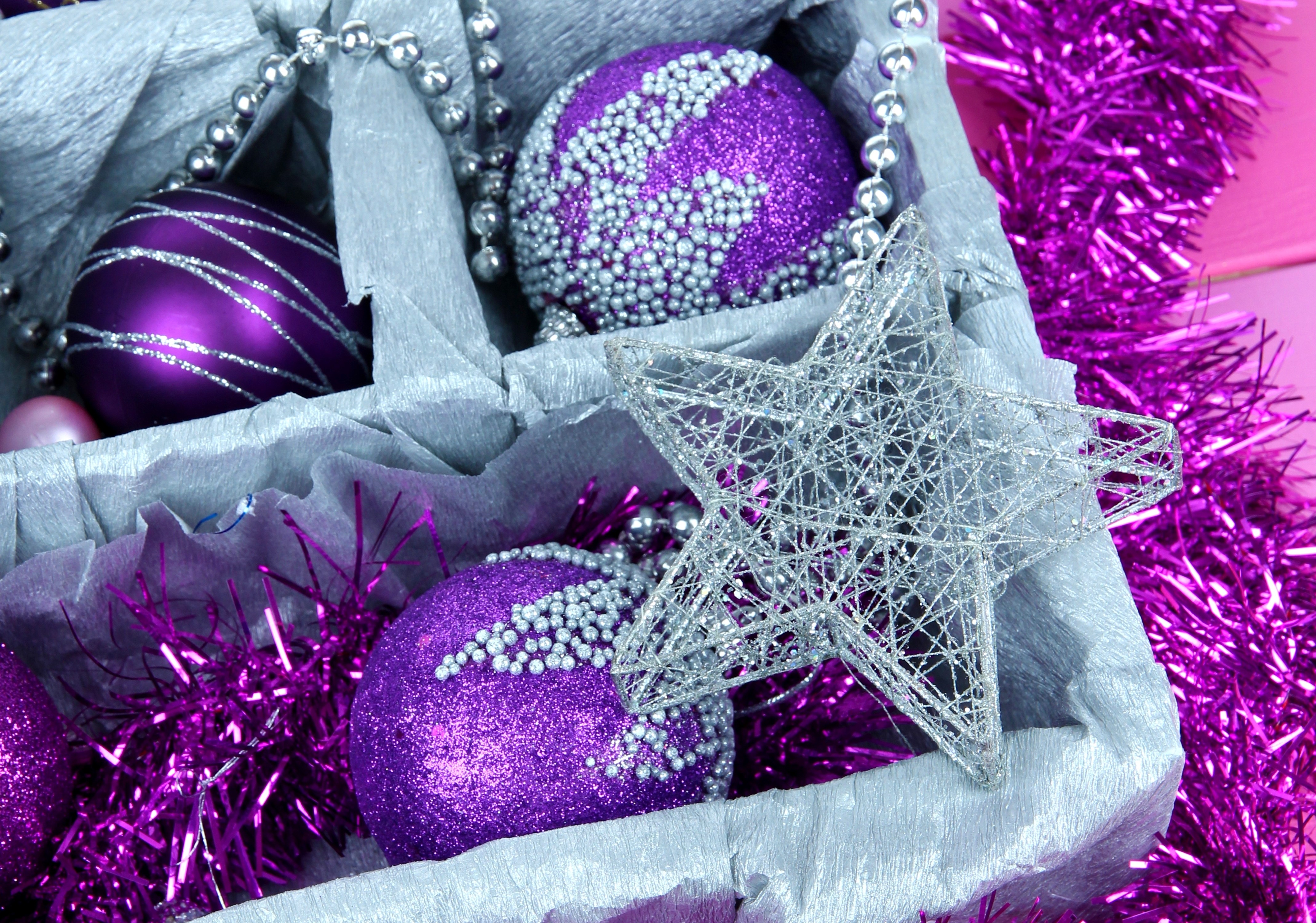 Purple Christmas Ornaments in a Box HD Wallpaper