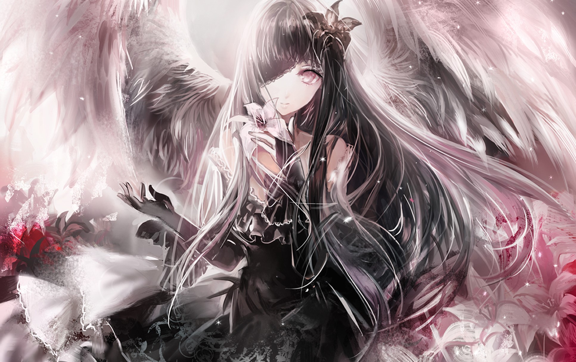 Anime angel with black hair and eye patch holding a flower HD Wallpaper