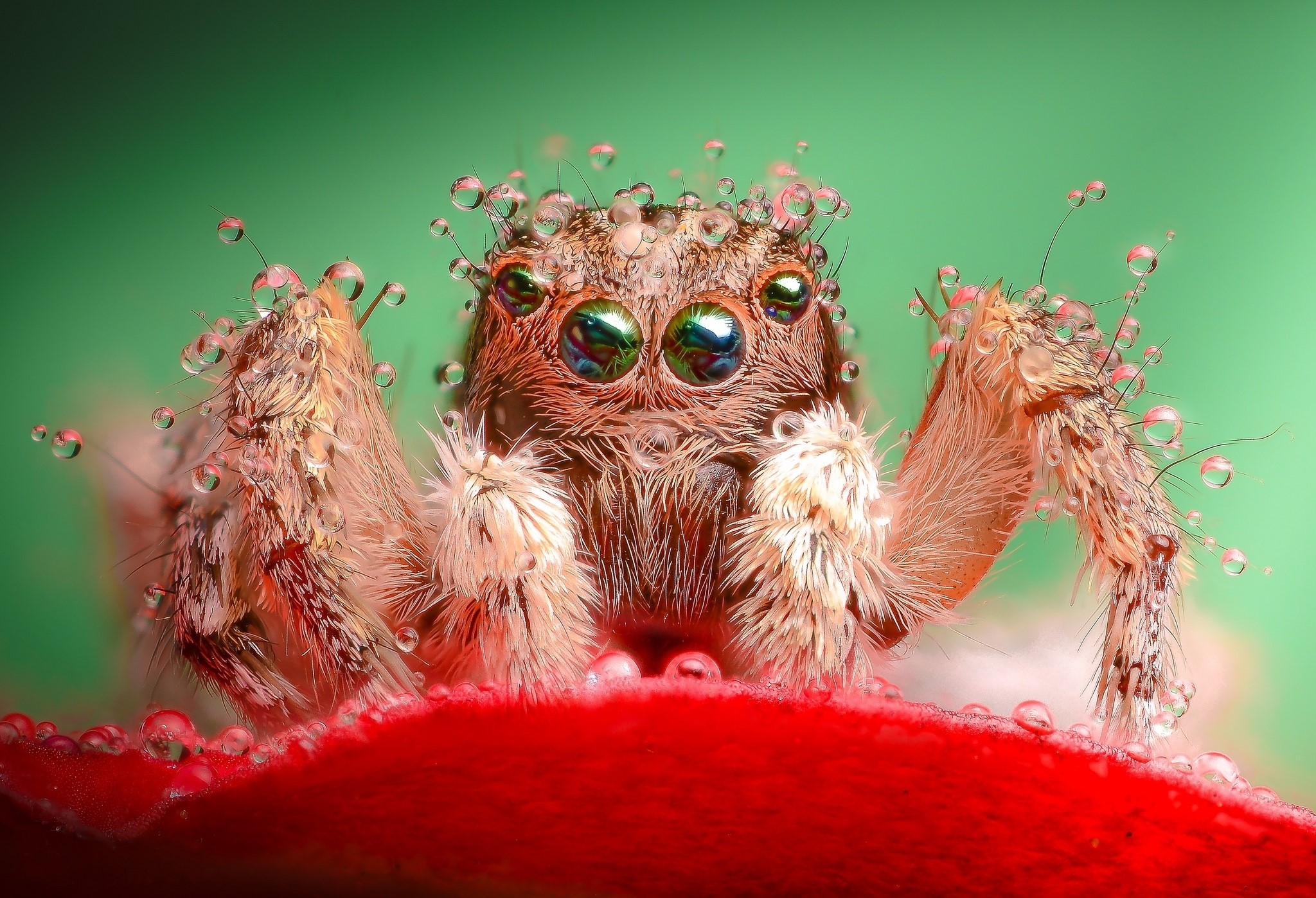 Macro shot of a jumping spider covered in water droplets HD Wallpaper
