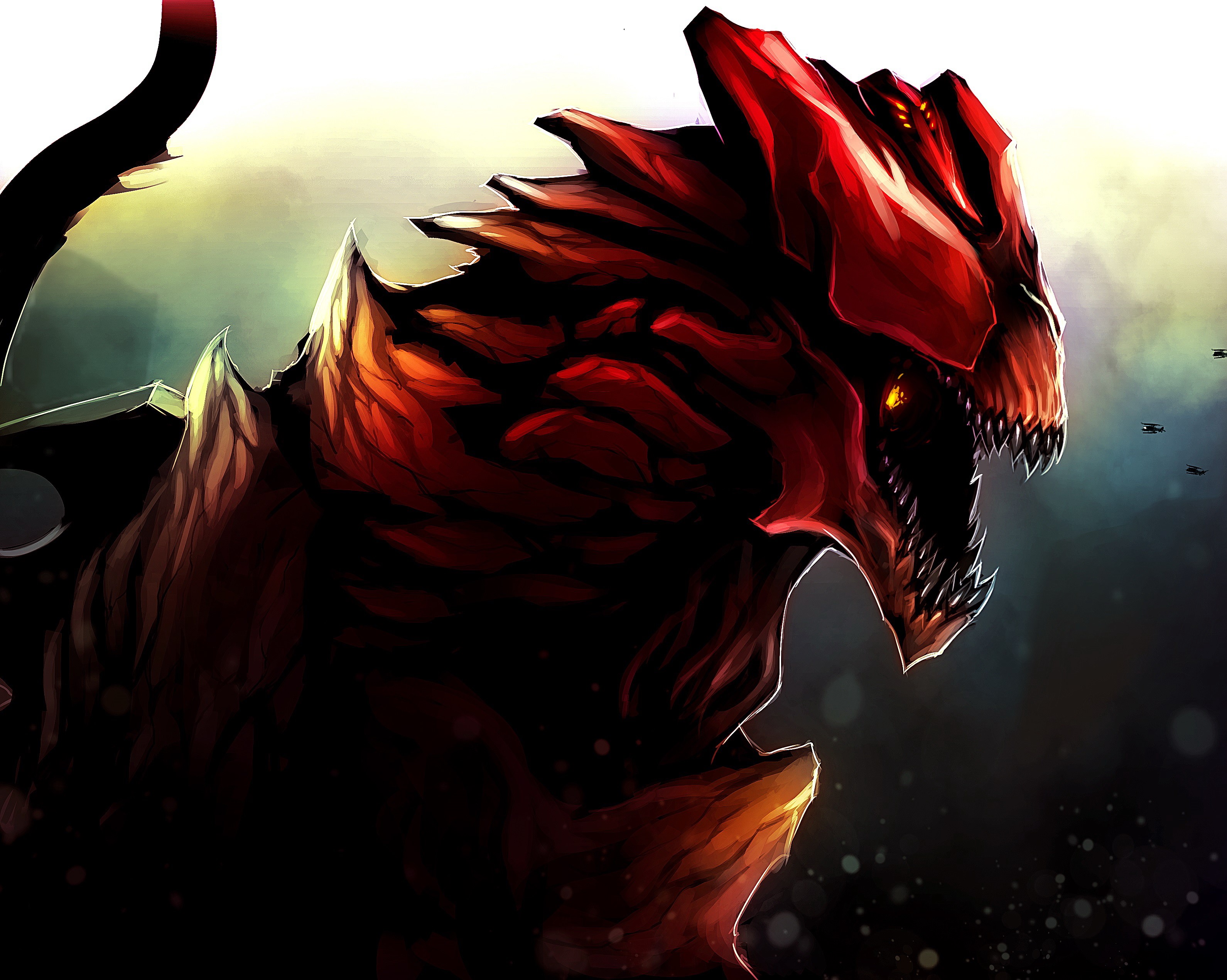Red monster with sharp teeth and glowing eyes HD Wallpaper