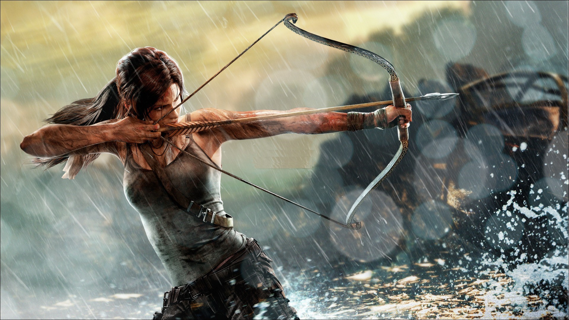 Lara Croft from Tomb Raider aiming a bow and arrow HD Wallpaper