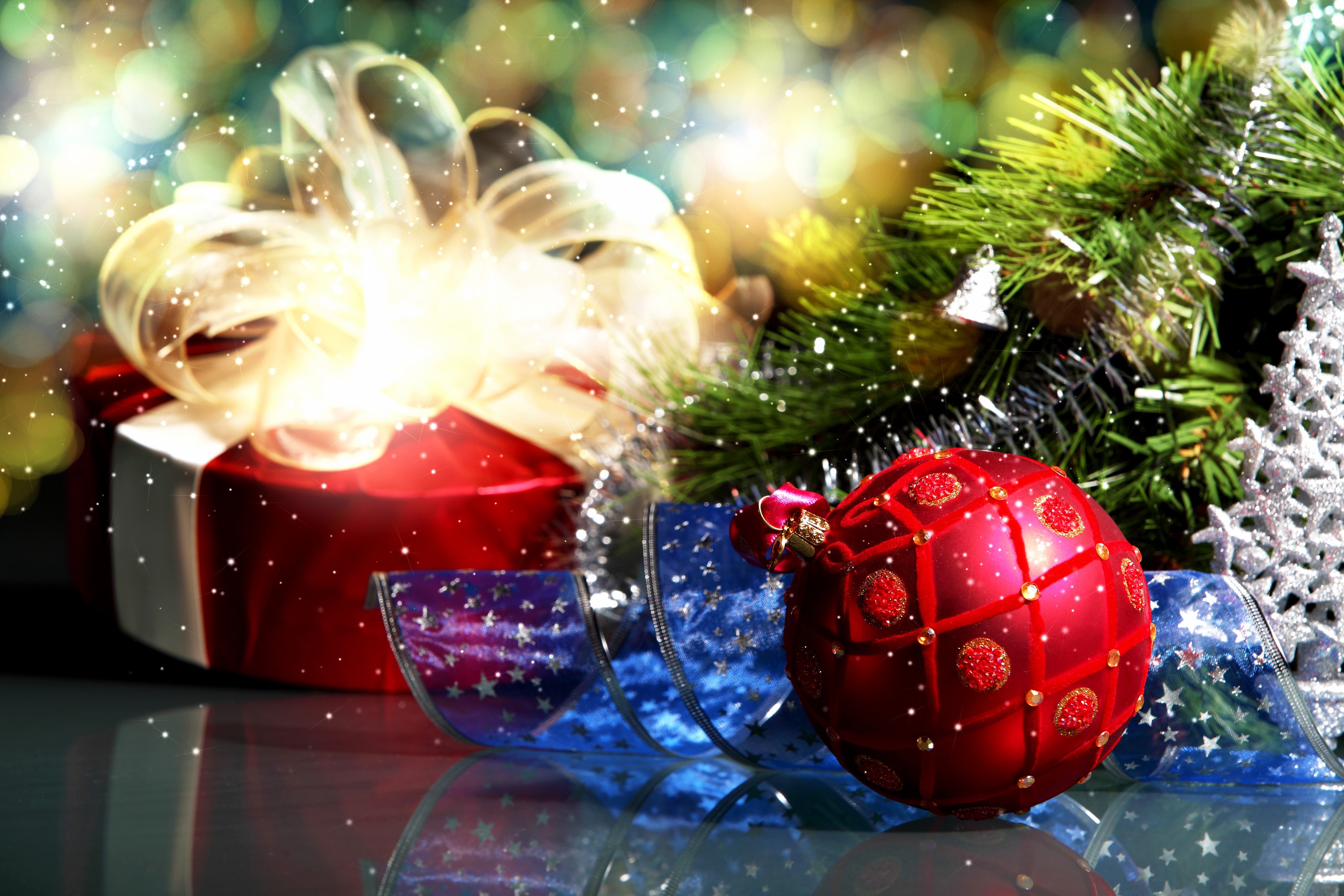 Christmas Gift with Ornament and Pine Branches HD Wallpaper