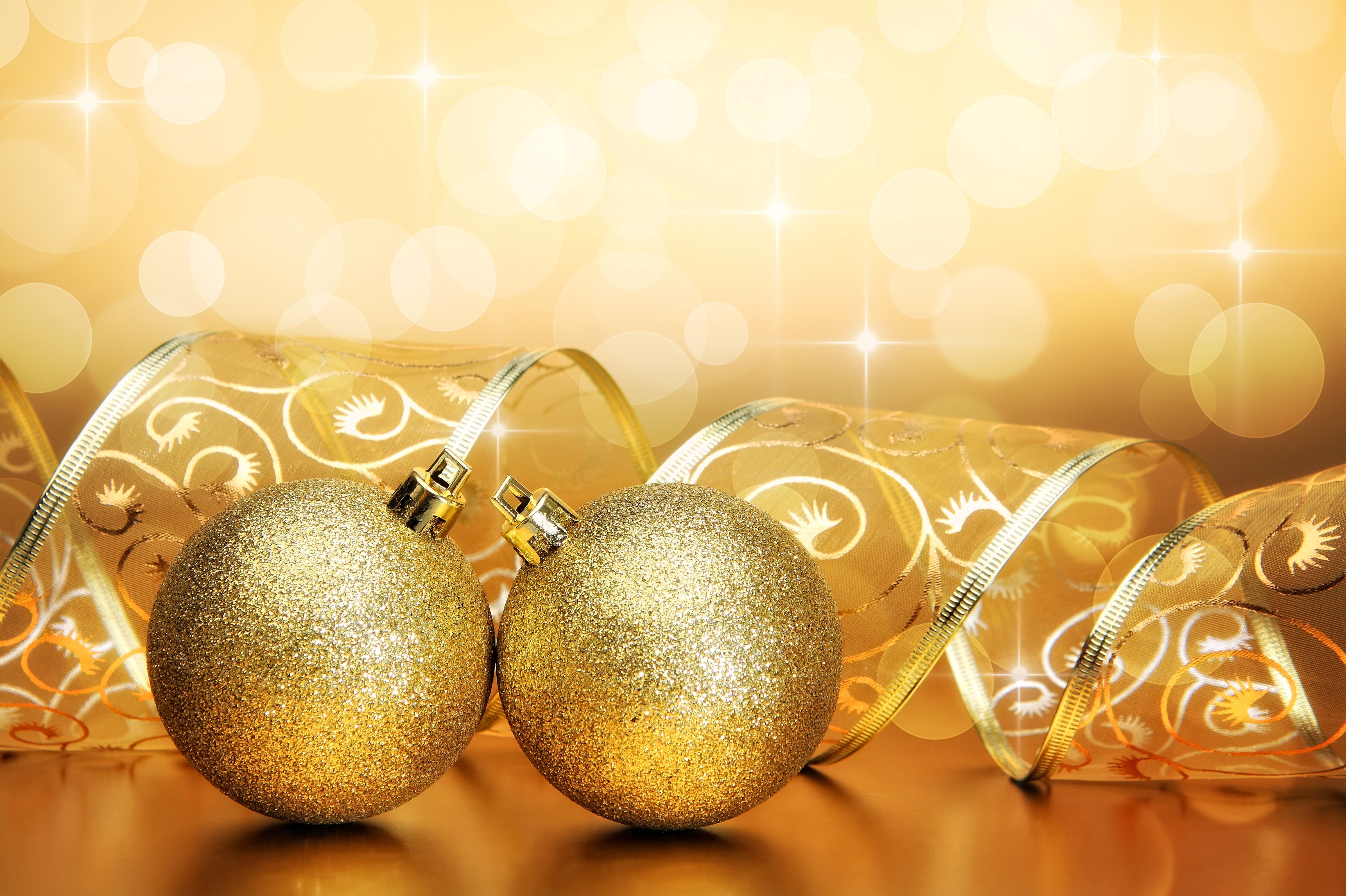 Christmas Balls and Ribbon with Golden Bokeh HD Wallpaper