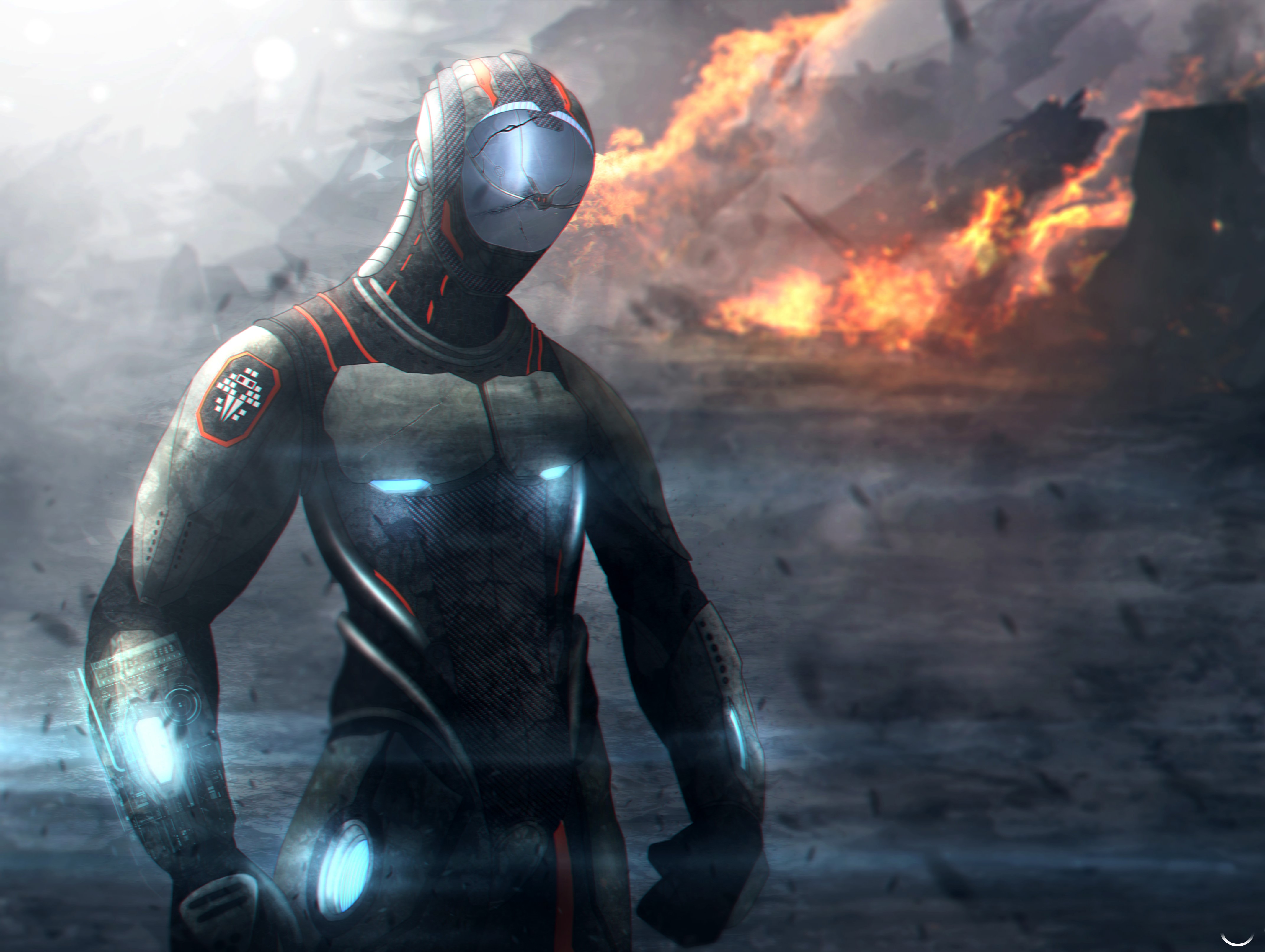 4K Robot in a Fiery Landscape HD Wallpaper