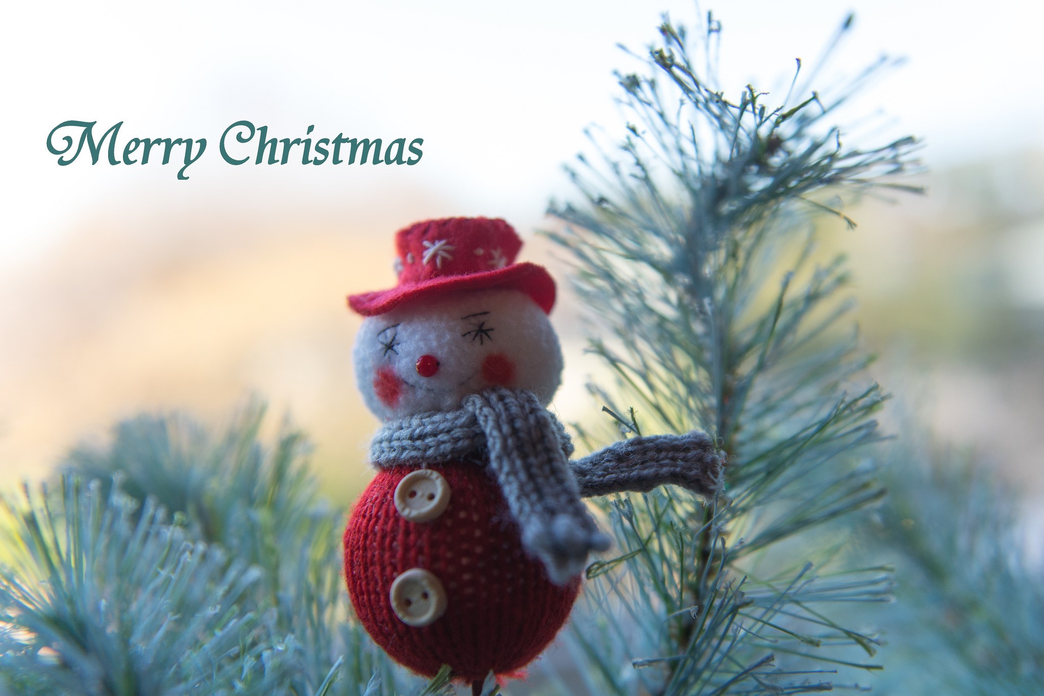 Merry Christmas snowman ornament on pine branch HD Wallpaper