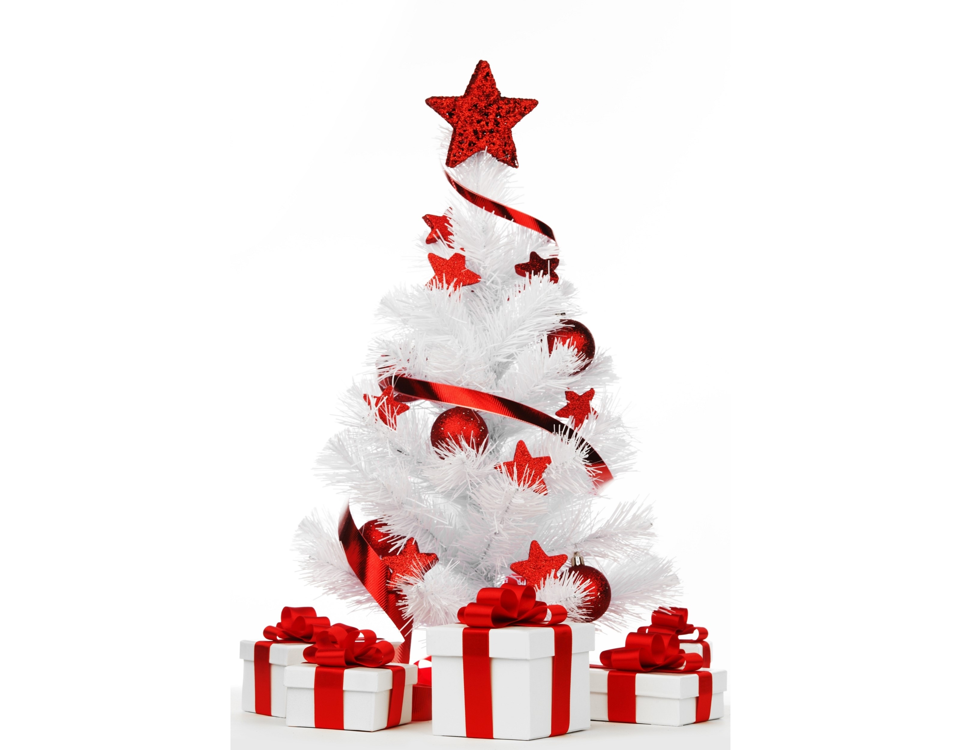 White Christmas tree with red ornaments and gifts HD Wallpaper