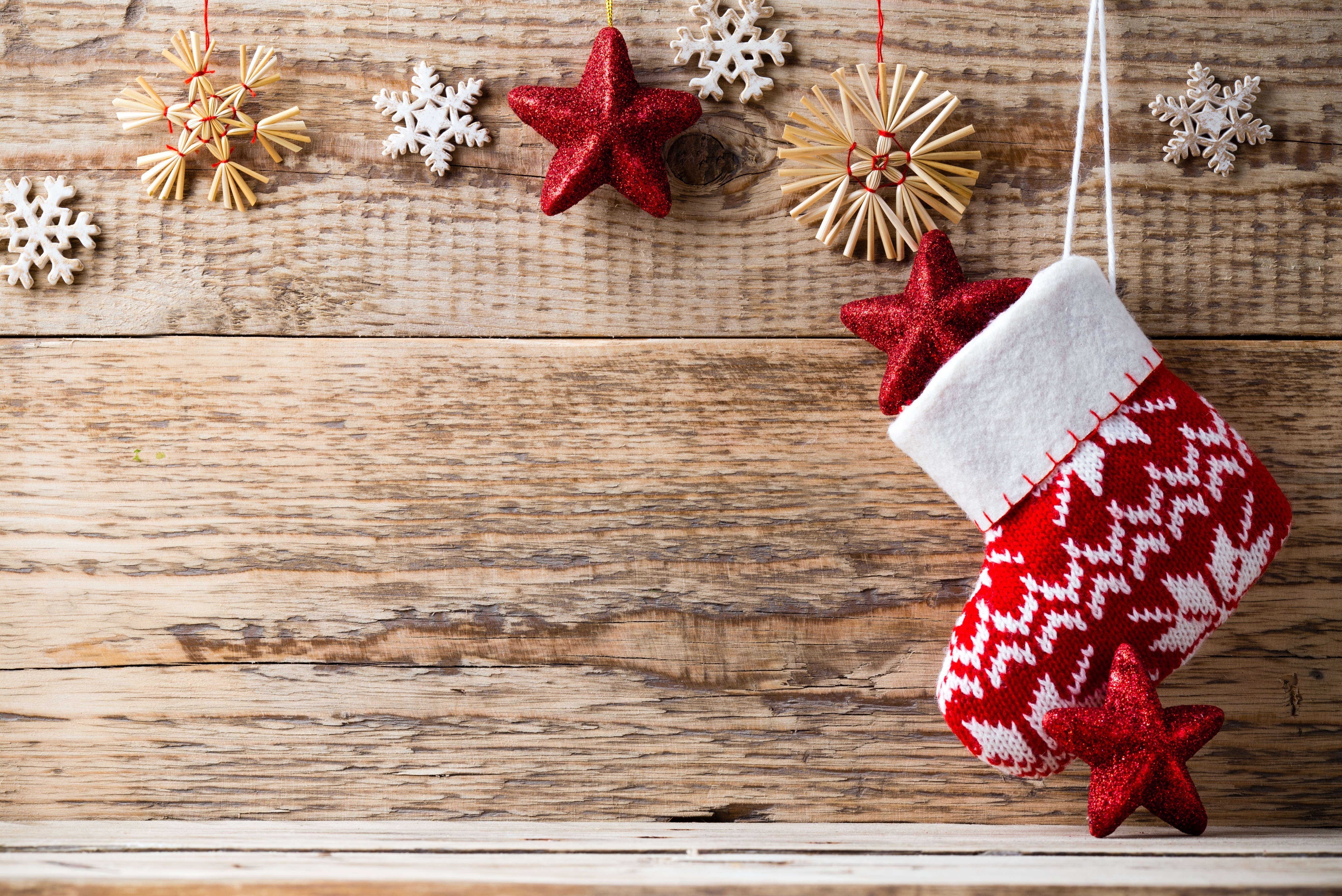 Christmas Stocking with Stars and Snowflakes on Wood HD Wallpaper
