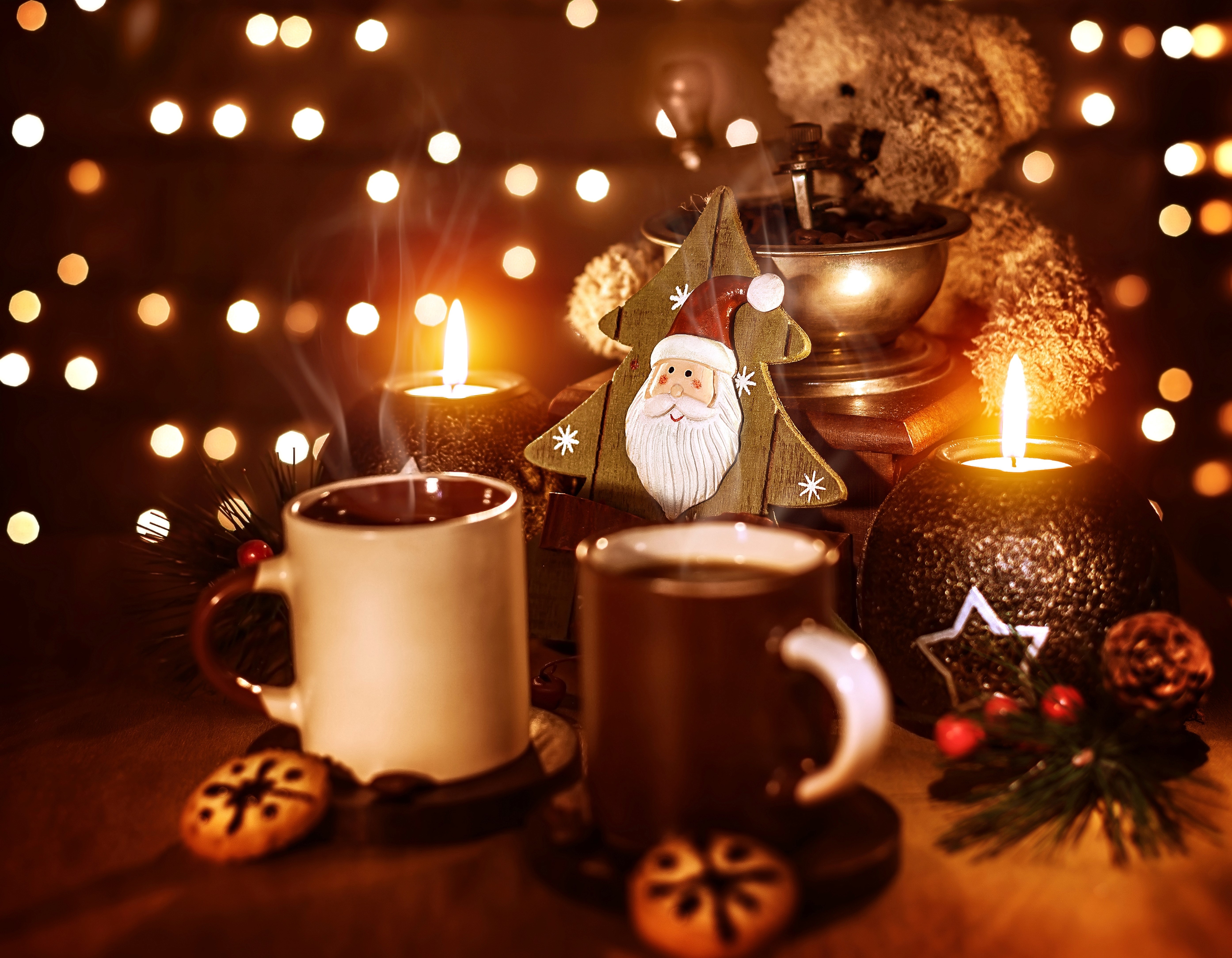 Christmas Themed Coffee Mugs with Candles and Lights HD Wallpaper
