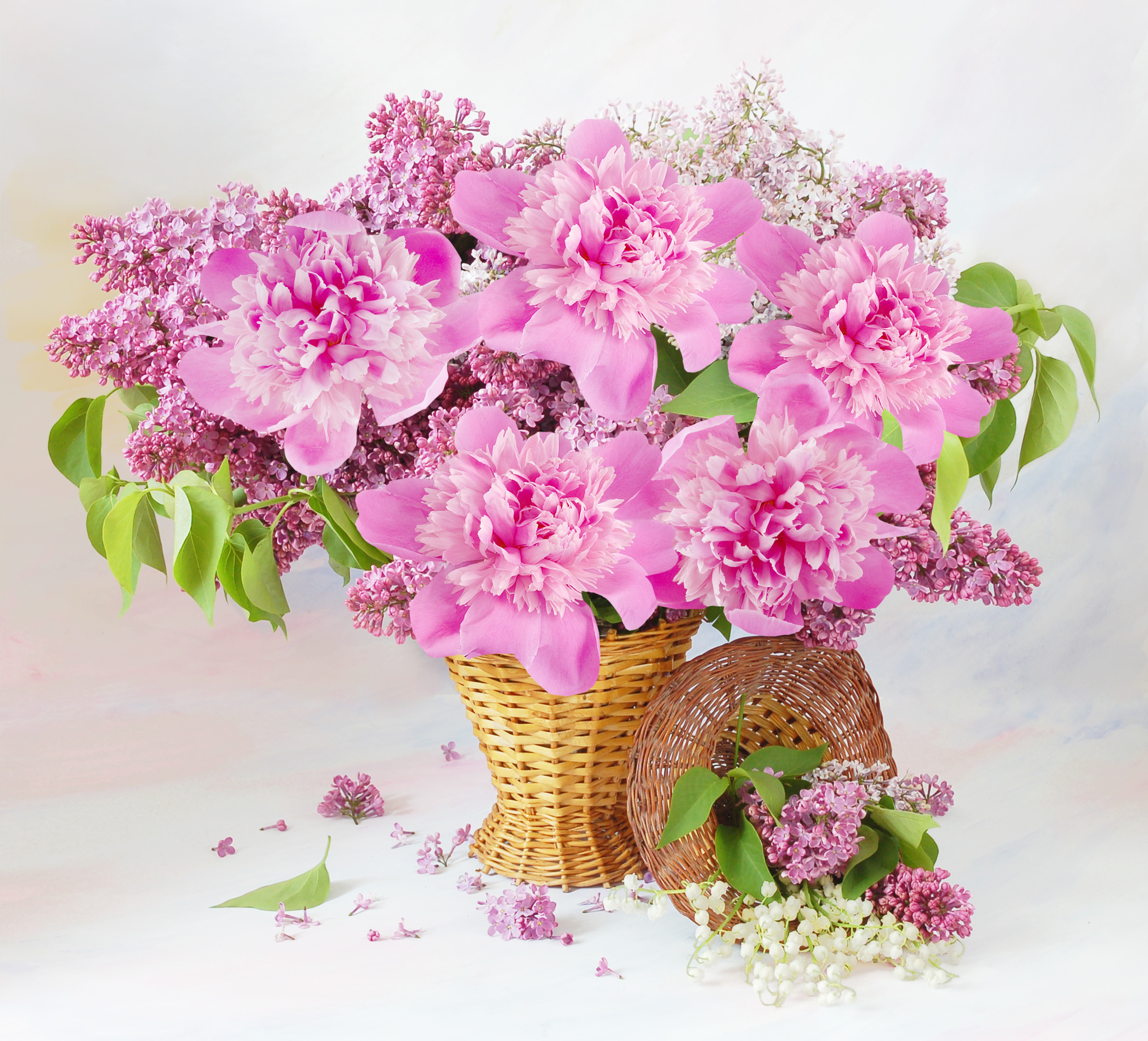 Pink Peonies and Lilac Bouquet in Wicker Basket HD Wallpaper