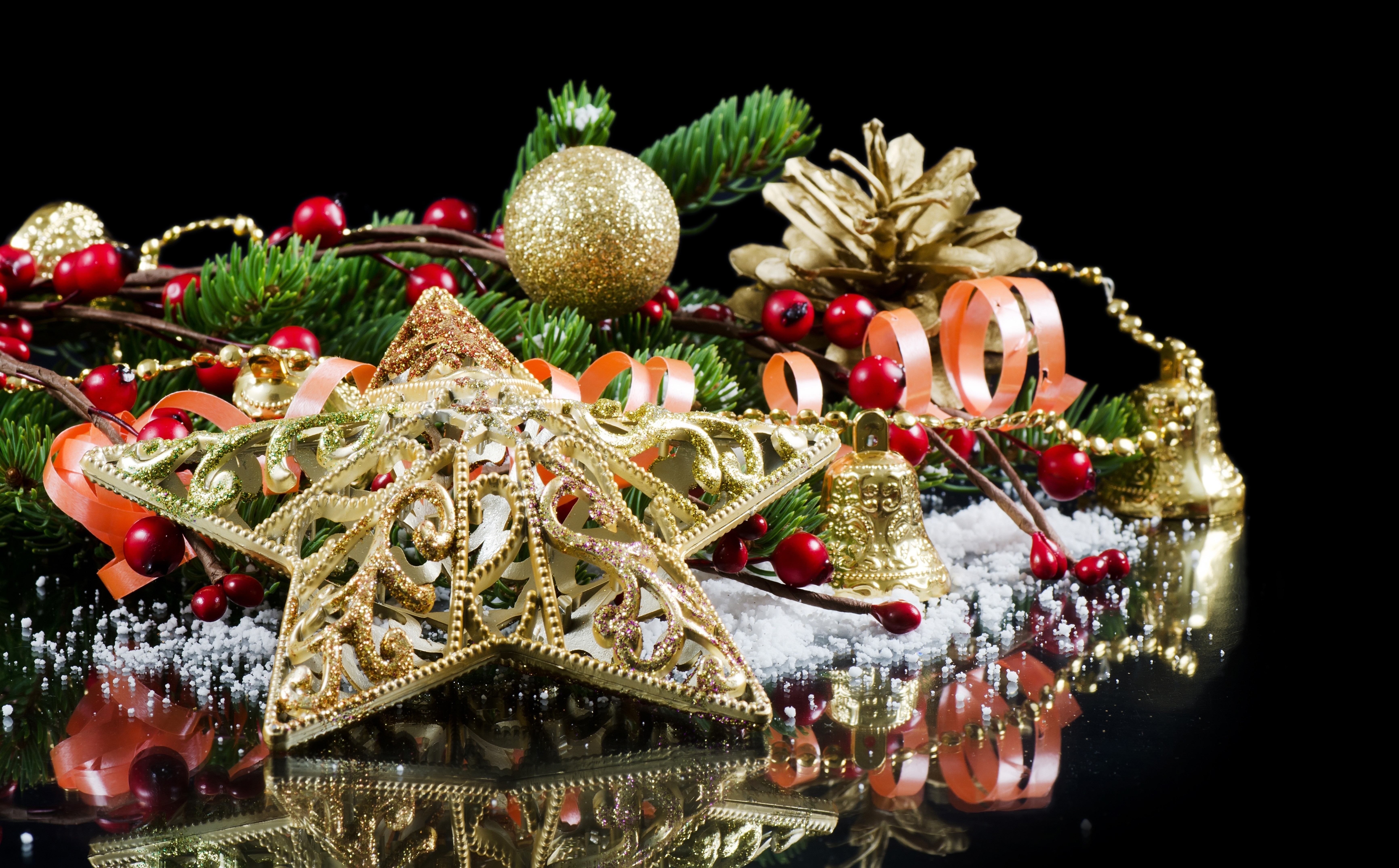 Christmas Decorations with Star, Balls, and Bells HD Wallpaper