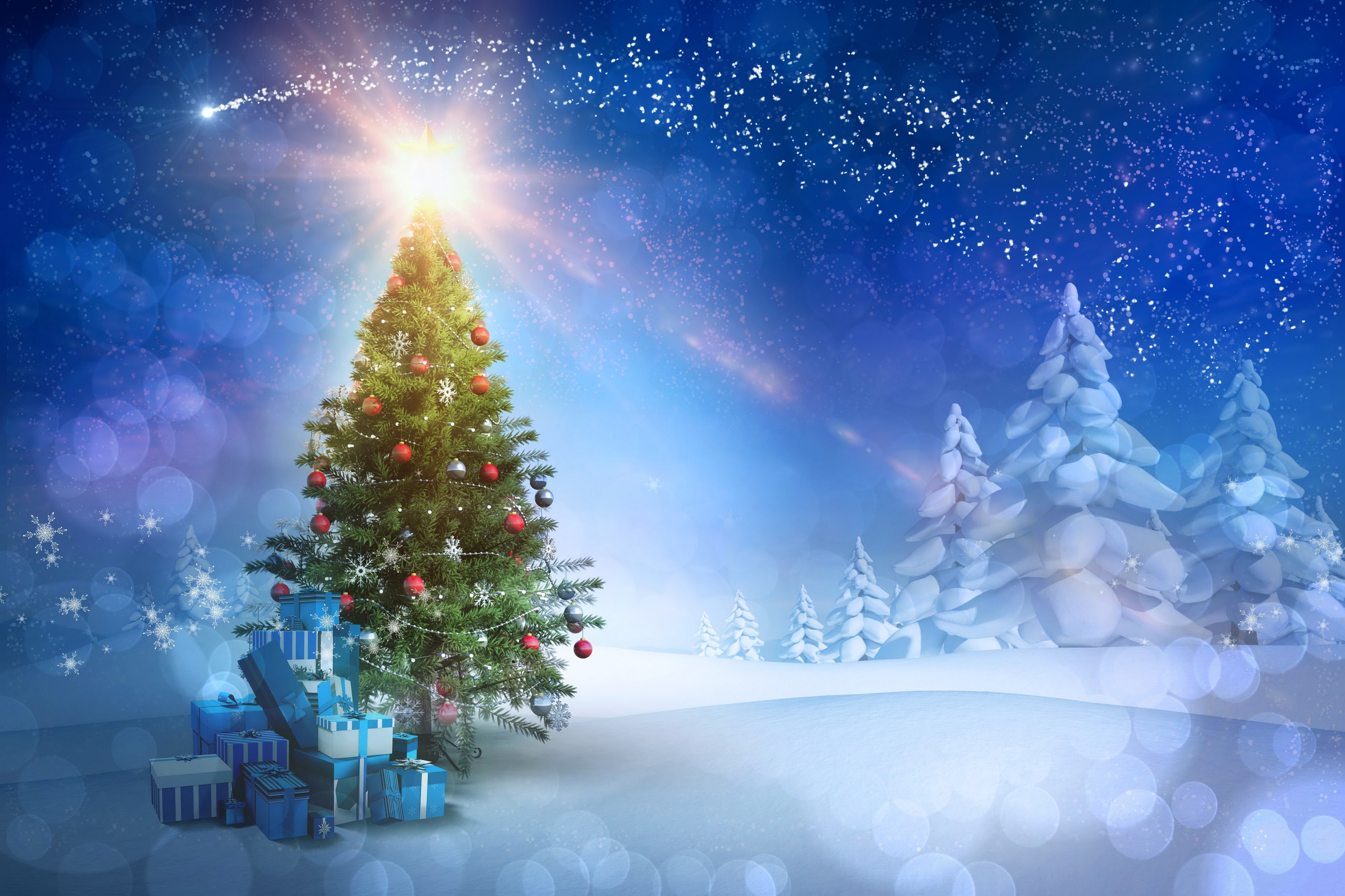 Christmas Tree with Gifts in Snowy Landscape HD Wallpaper