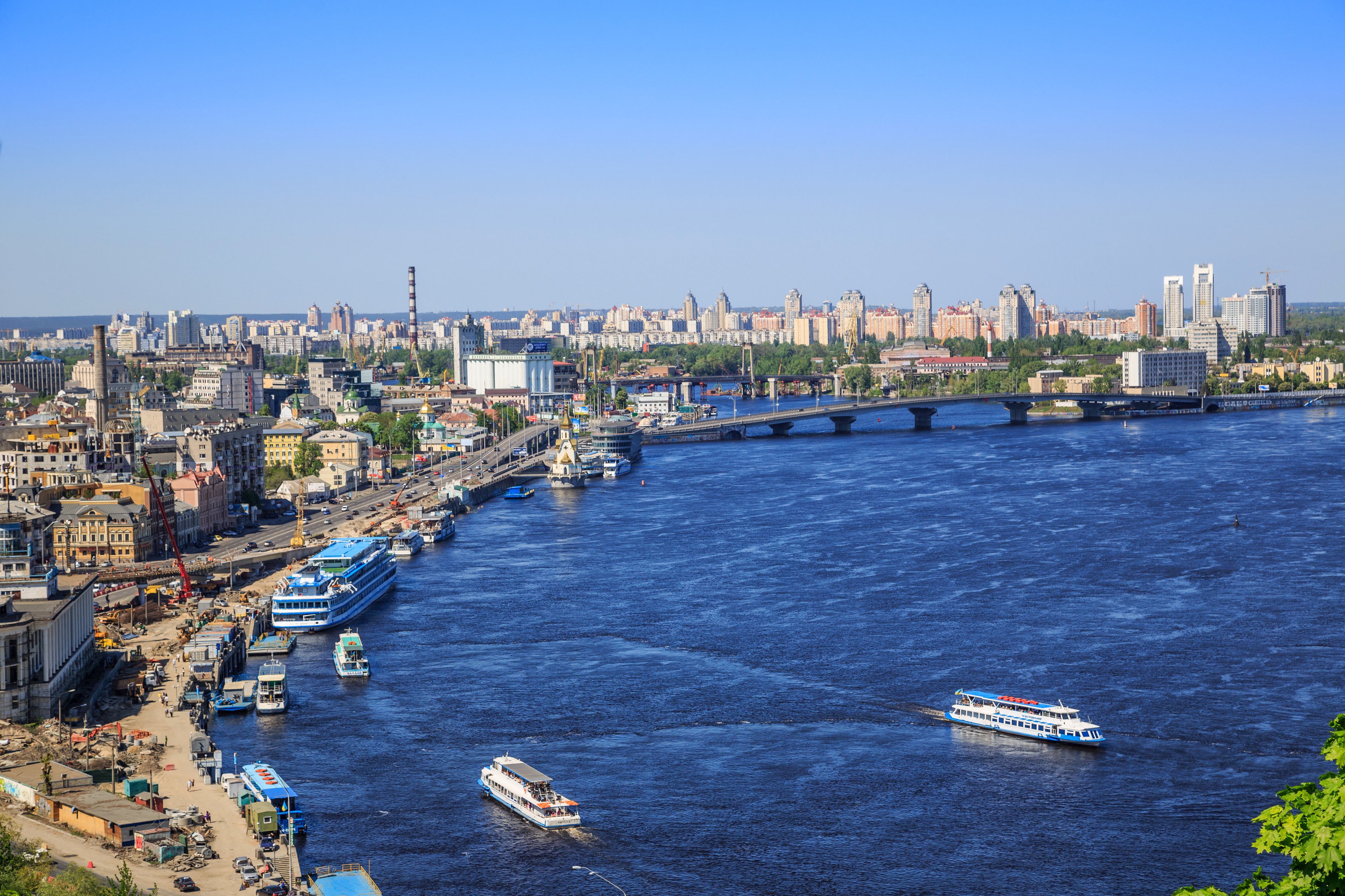 Kyiv cityscape with Dnipro River and bridges, Ukraine HD Wallpaper