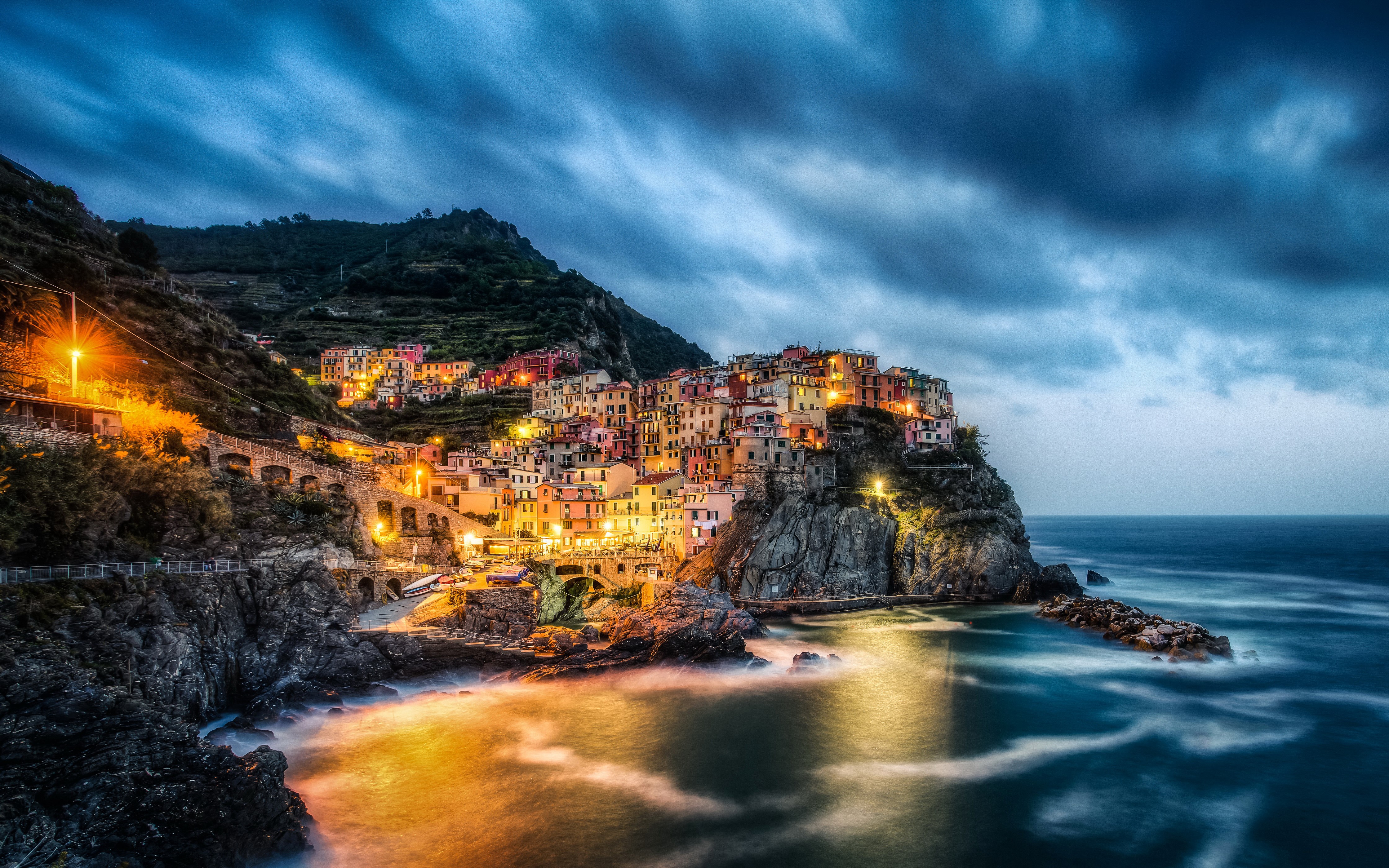 4K Manarola Italy Houses Liguria Night Sea HD Wallpaper