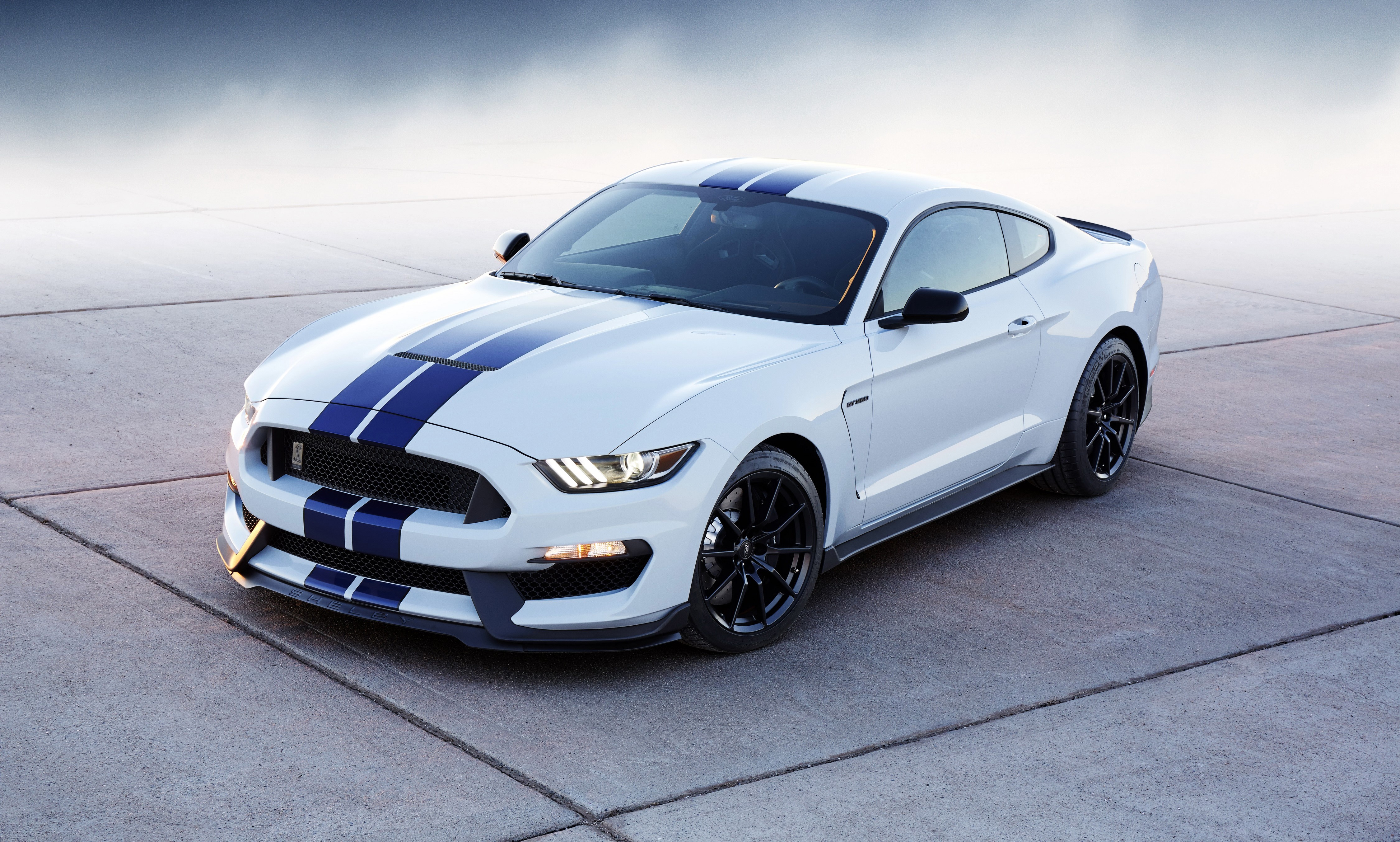 White 2015 Ford Mustang Shelby GT350 with Blue Stripes HD Wallpaper