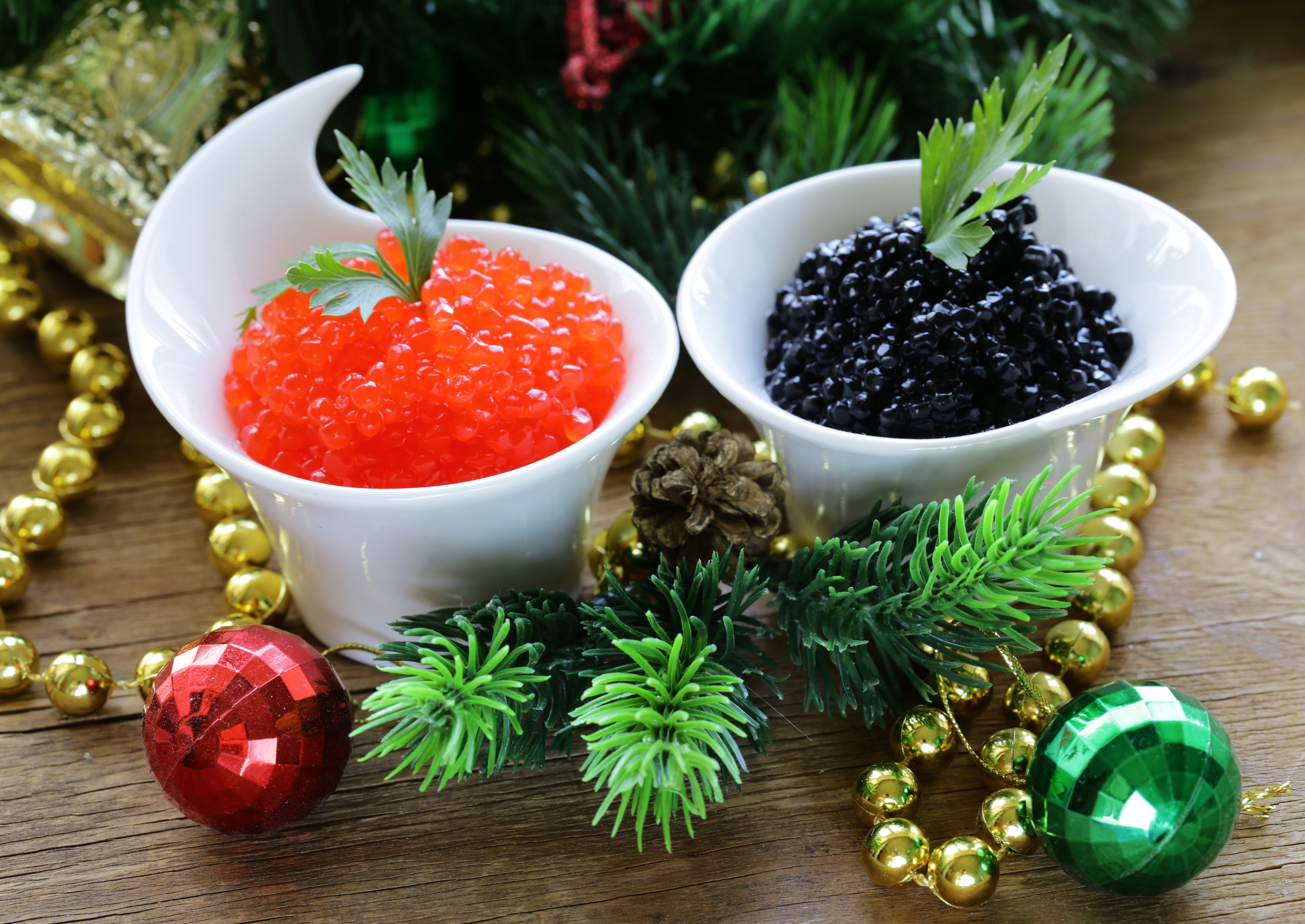 Red and Black Caviar with Christmas Decorations HD Wallpaper