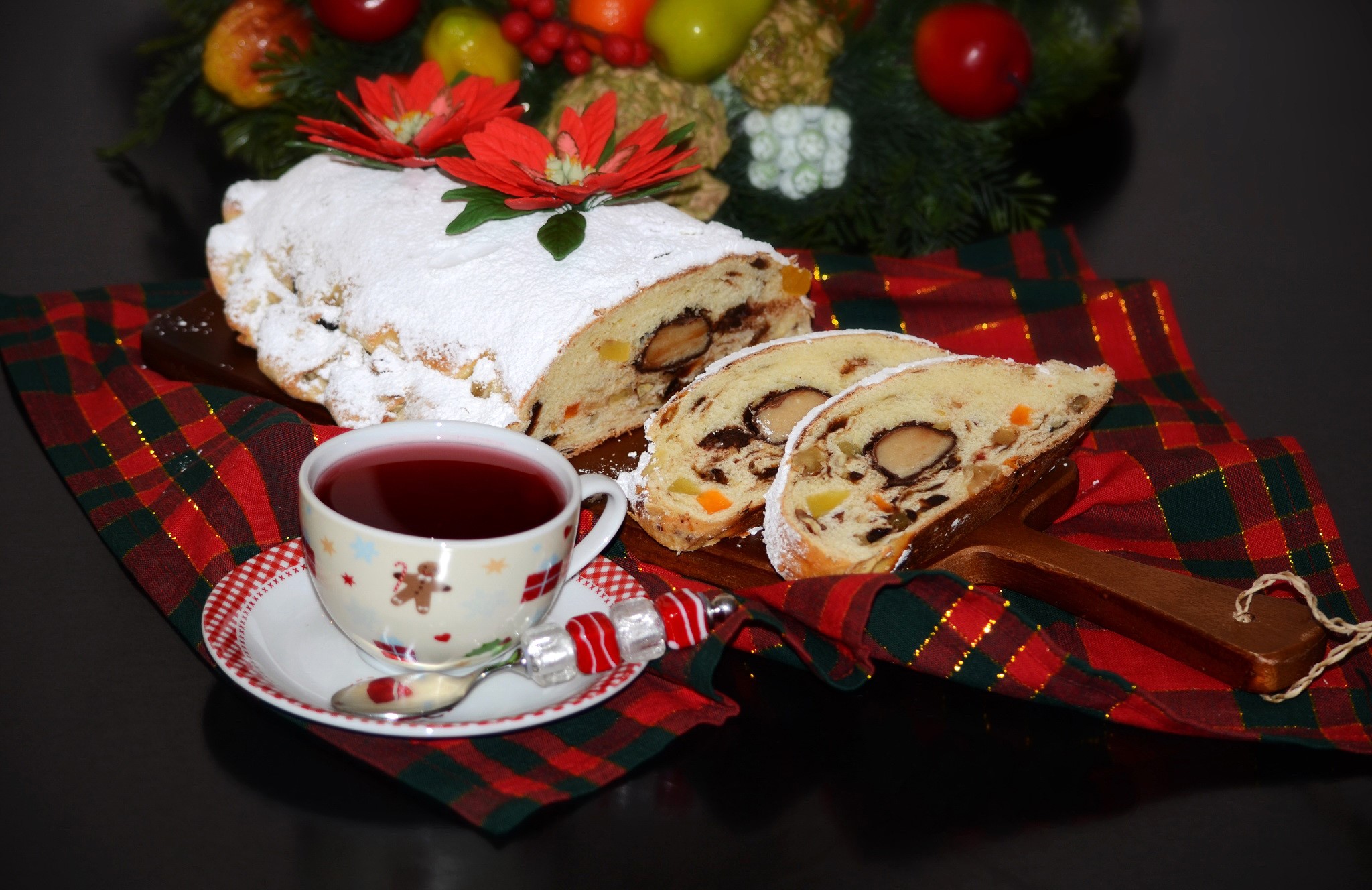 Christmas stollen with tea and festive decoration HD Wallpaper
