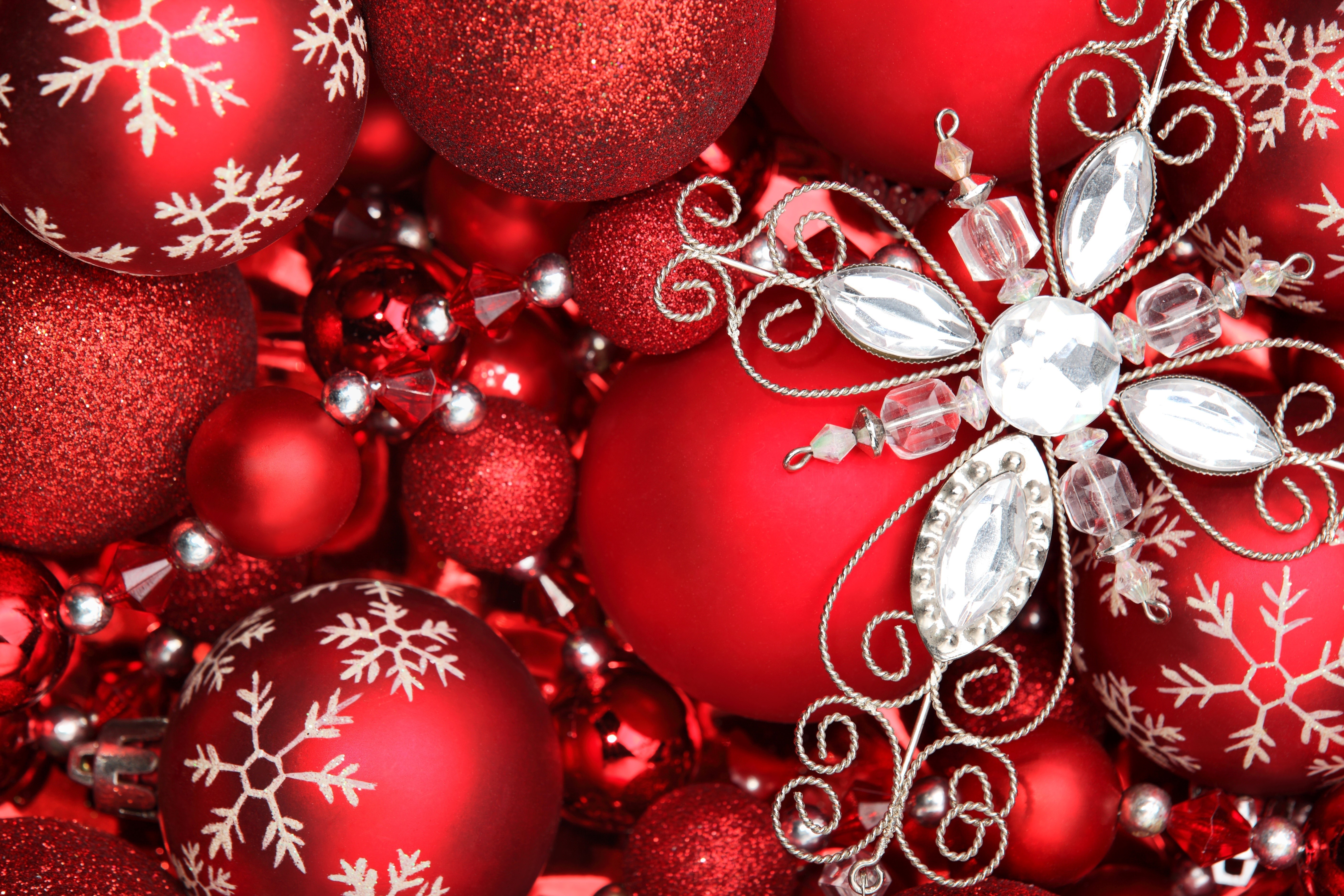 Red Christmas Ornaments with Snowflake and Jewel HD Wallpaper