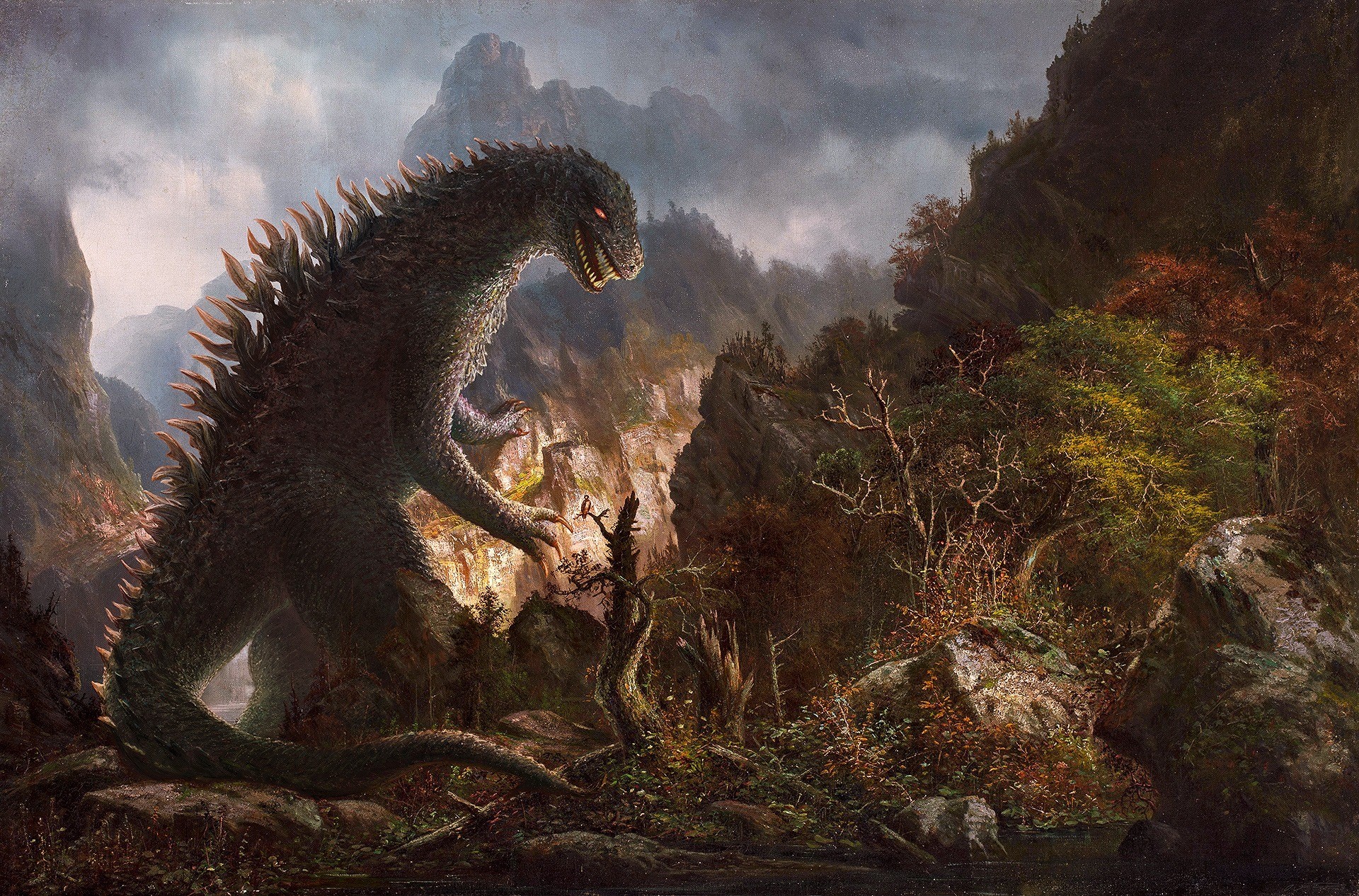 Godzilla in a Mountainous Landscape HD Wallpaper