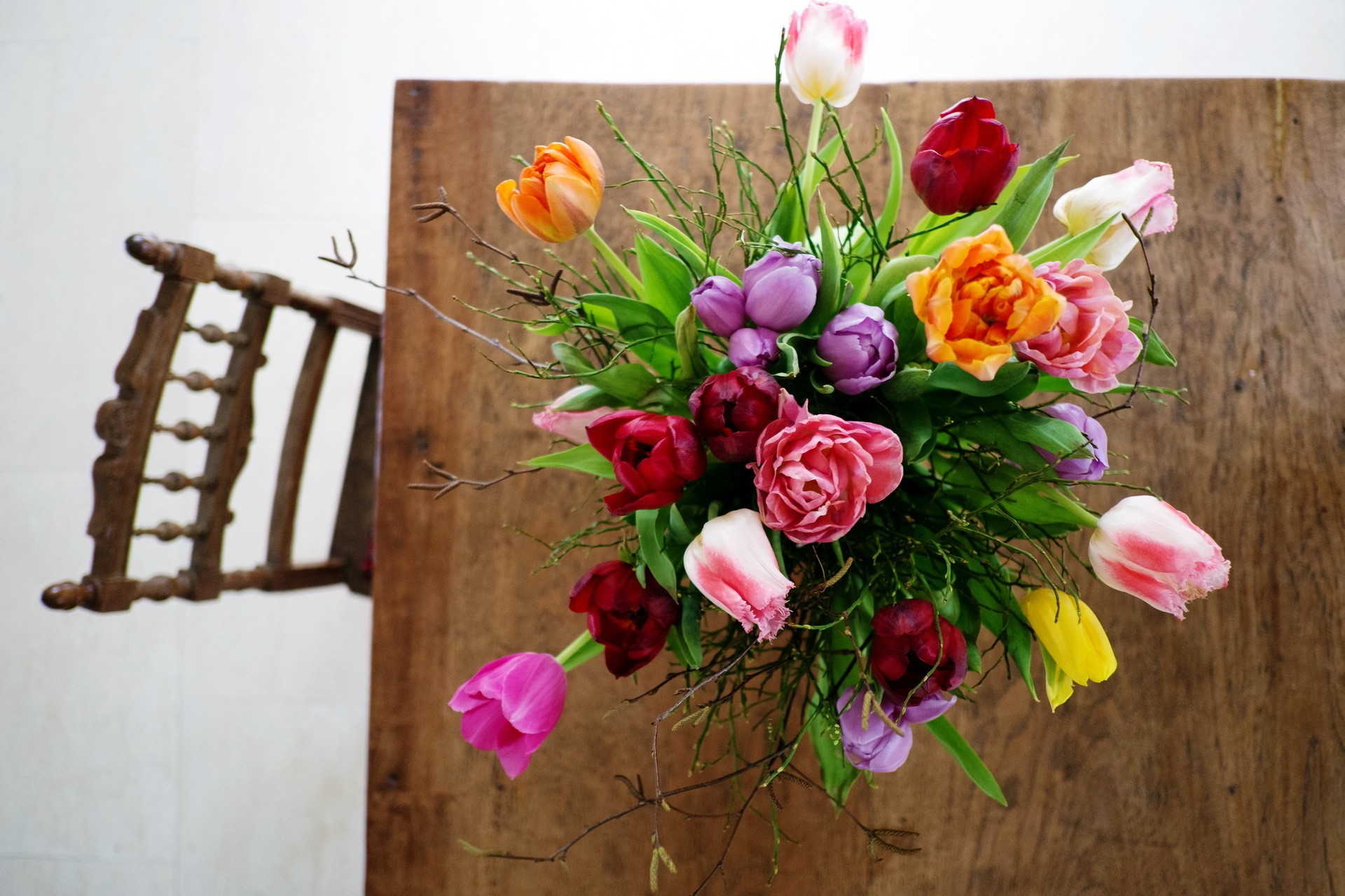 Colorful Tulips Bouquet on Wooden Table HD Wallpaper