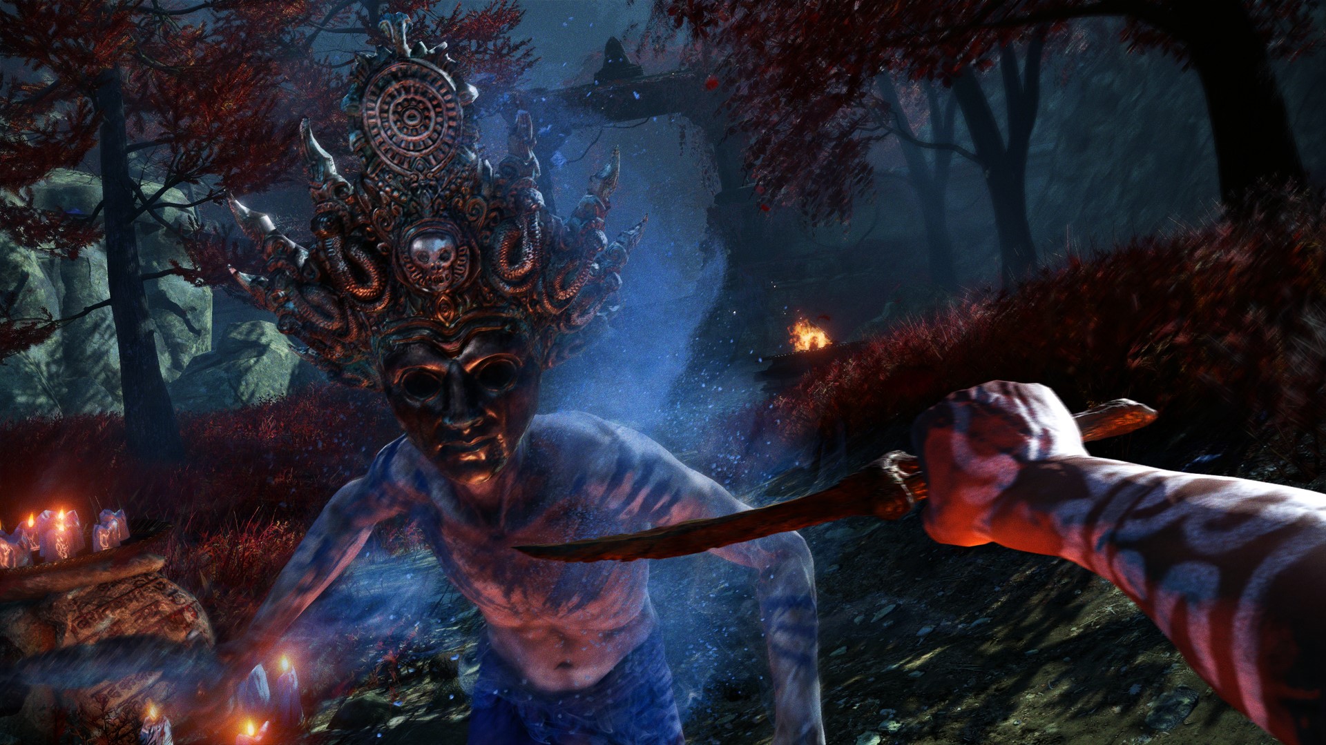 Far Cry 4: Man with knife confronts masked figure HD Wallpaper